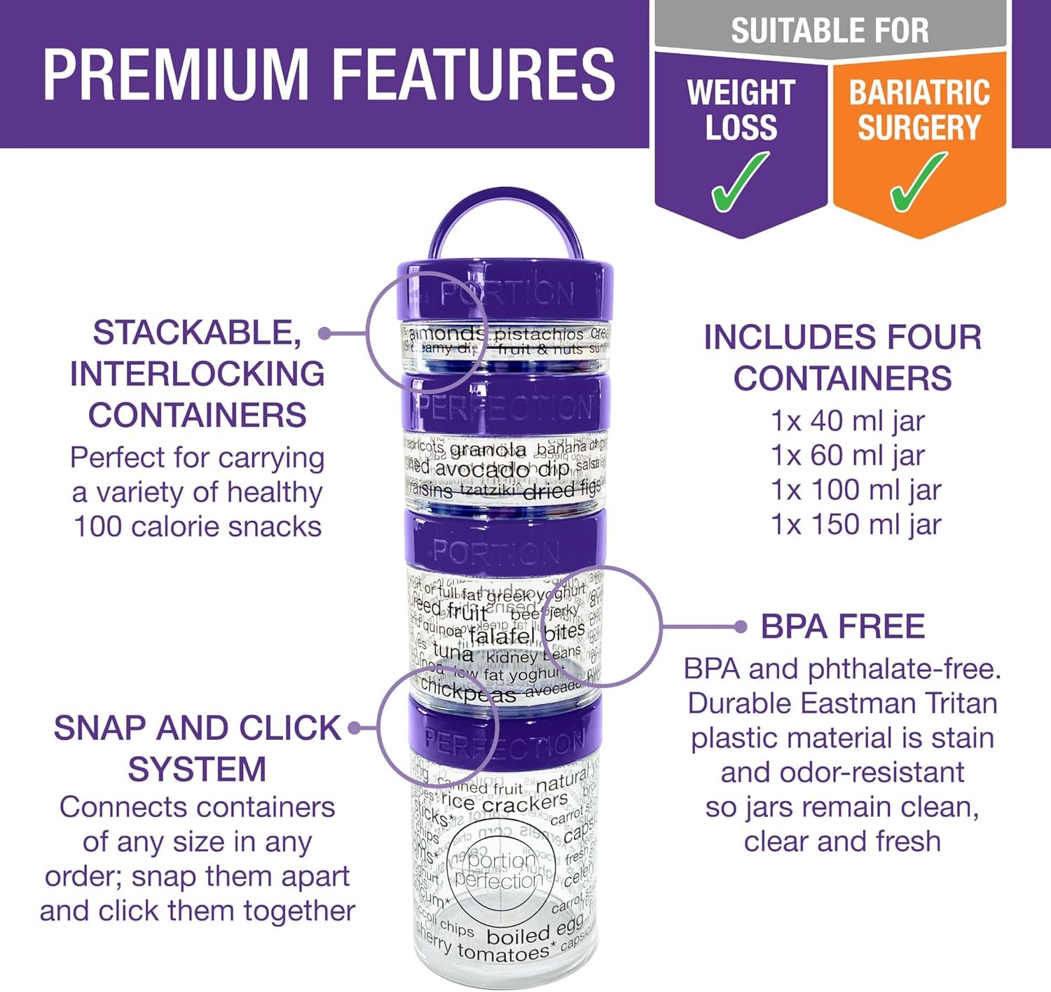 100 Cal Stackable Snack Containers for Weight Management, Food Portion Control Containers for Weight Control with Instructions for Men, Women and Bariatric Must-Haves (Purple)