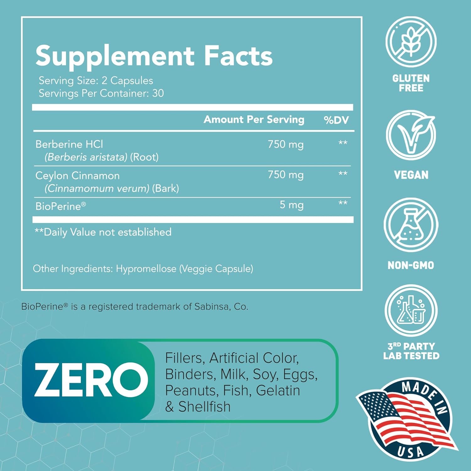 3X Strength Berberine Supplement with Ceylon Cinnamon Bioperine 1500mg Weight Management Support - 60 Vegan Capsules