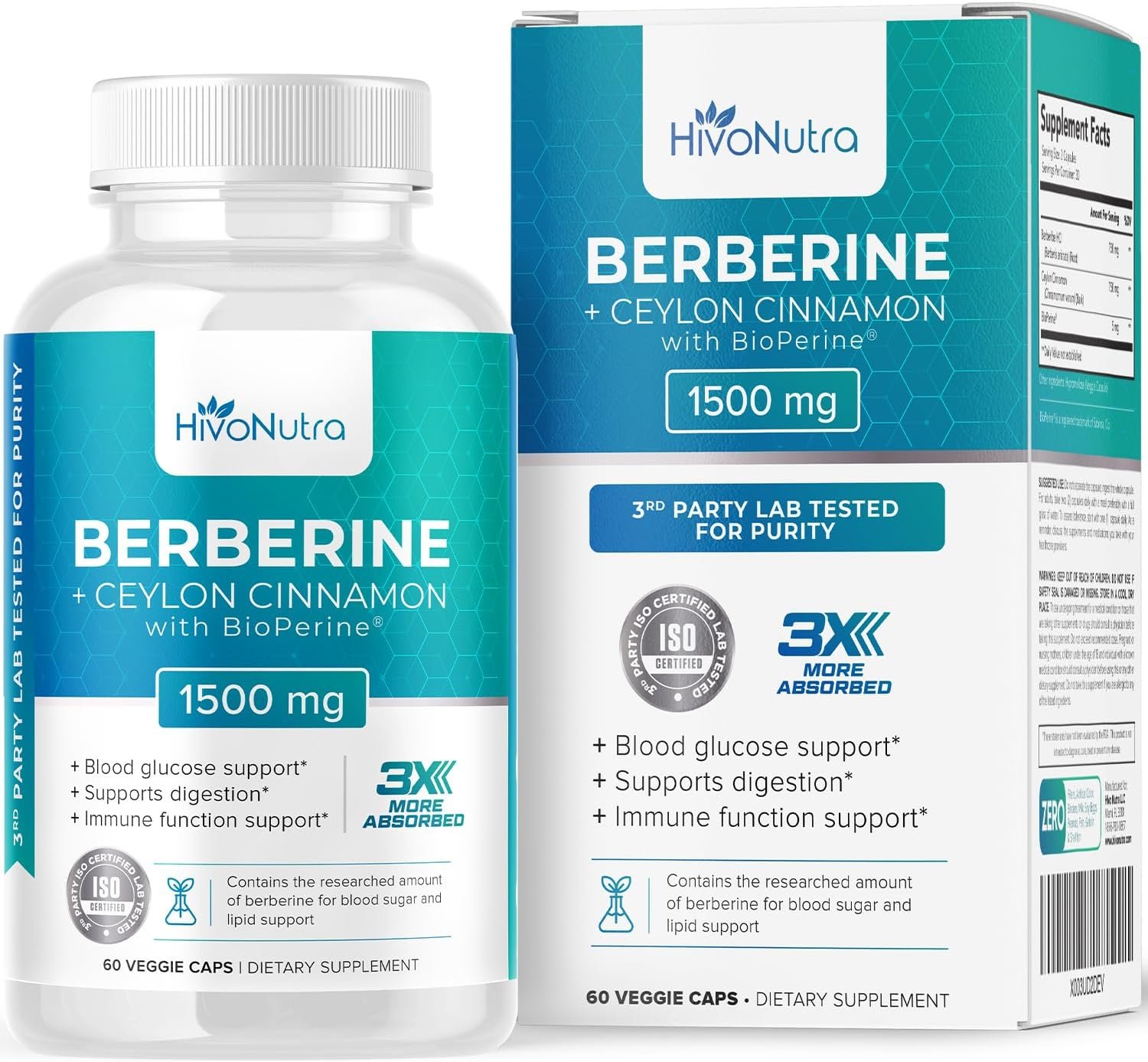 3X Strength Berberine Supplement with Ceylon Cinnamon Bioperine 1500mg Weight Management Support - 60 Vegan Capsules