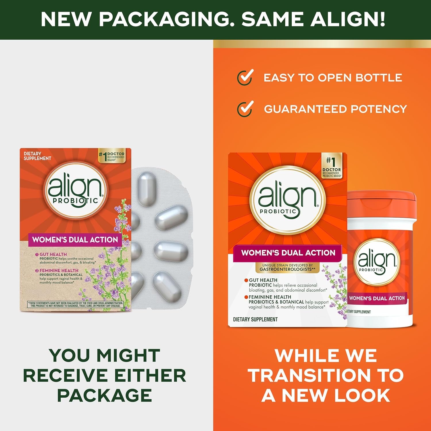 Align Probiotic, Womens Dual Action, Probiotics for Women, Multi-Strain Probiotic with Chaste Tree, Supports Feminine Health, Soothes Occasional Abdominal Discomfort, 28 Capsules (Packaging May Vary)