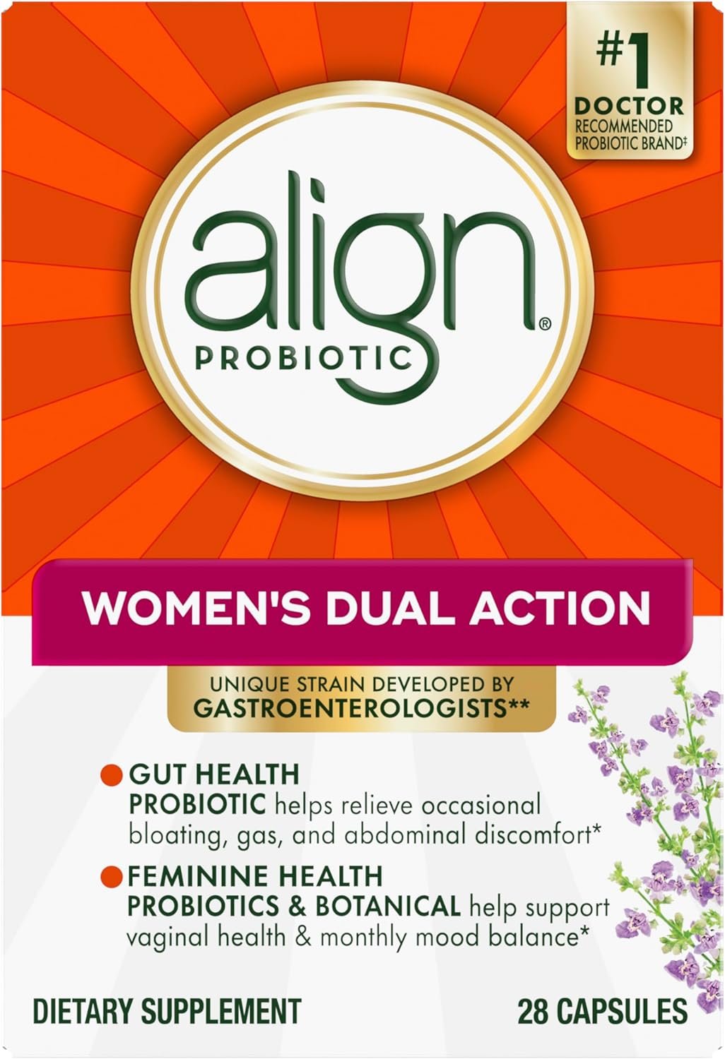 Align Probiotic, Womens Dual Action, Probiotics for Women, Multi-Strain Probiotic with Chaste Tree, Supports Feminine Health, Soothes Occasional Abdominal Discomfort, 28 Capsules (Packaging May Vary)