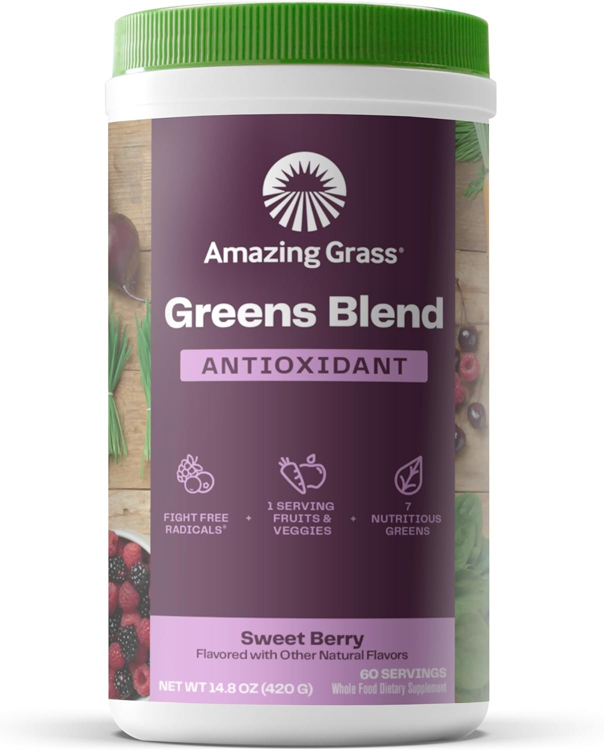 Amazing Grass Greens Superfood Antioxidant: Greens Powder with Organic Spirulina, Beet Root Powder, Elderberry Probiotics, Sweet Berry, 60 Servings (Packaging May Vary)