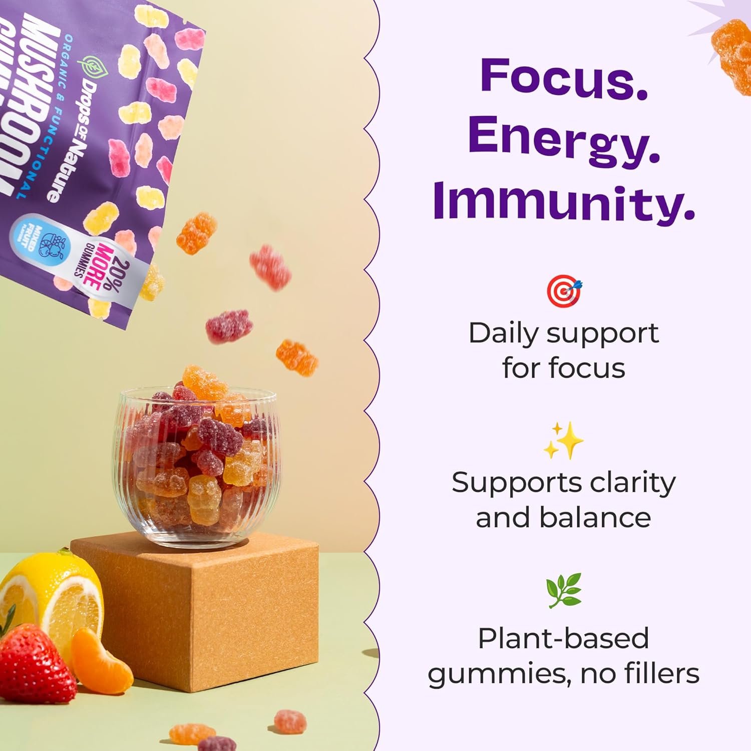 Ashwagandha and Lions Mane Mushroom Supplement Gummies - Organic - Reishi, Cordyceps, Turkey Tail, Maitake, Shitake, Chaga - Immune Defense, Boosts Cognitive Performance, Vegan, Low Carb