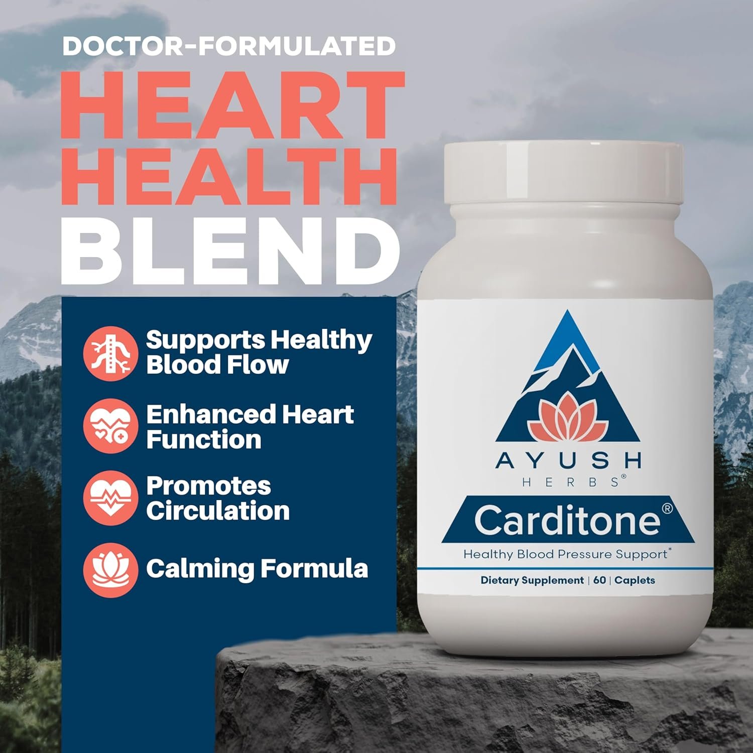 Ayush Herbs Carditone - Natural Heart Health Supplement for Women Men, BP Formula, Holistic Heart Support with Rauwolfia, Arjuna, Calcium, and Magnesium - 60 Vegetarian Caplets (1 Count)