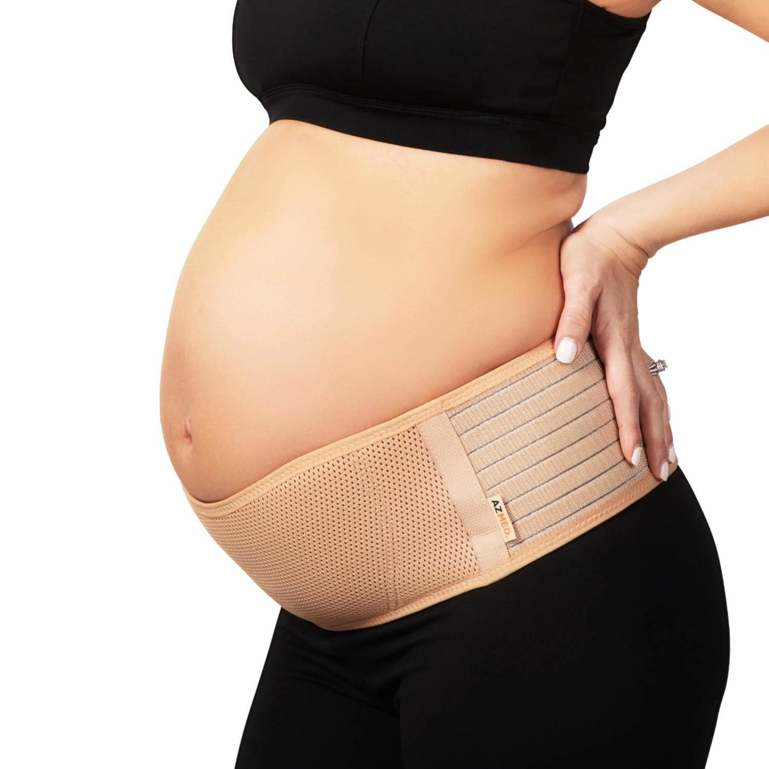 AZMED Maternity Belly Band for Pregnant Women - Pregnancy Belly Band for Abdomen Pelvic Waist Back Support - Adjustable Belly Support Bands for Pregnant Women - Maternity Belt Fits Up to 46 - Beige