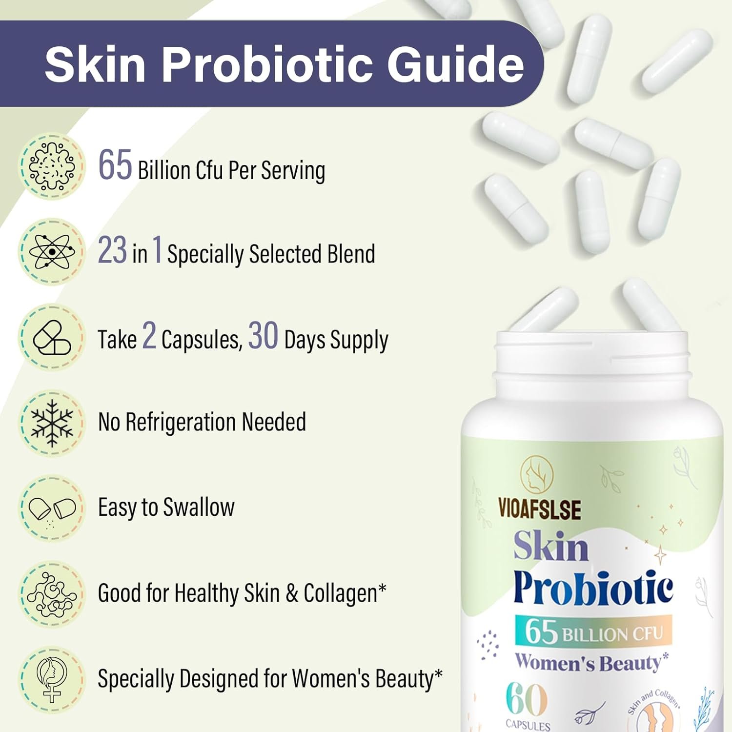 Beauty Probiotics for Women, Collagen Boost with 3-in-1 Complete Prebiotics, Postbiotics Probiotics for Hair, Skin, Nails Vaginal Health - 65 Billion CFU, Ceramides, Resveratrol CoQ10, 60 Caps