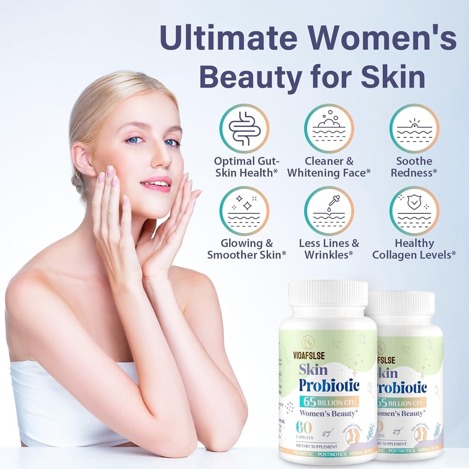 Beauty Probiotics for Women, Collagen Boost with 3-in-1 Complete Prebiotics, Postbiotics Probiotics for Hair, Skin, Nails Vaginal Health - 65 Billion CFU, Ceramides, Resveratrol CoQ10, 60 Caps