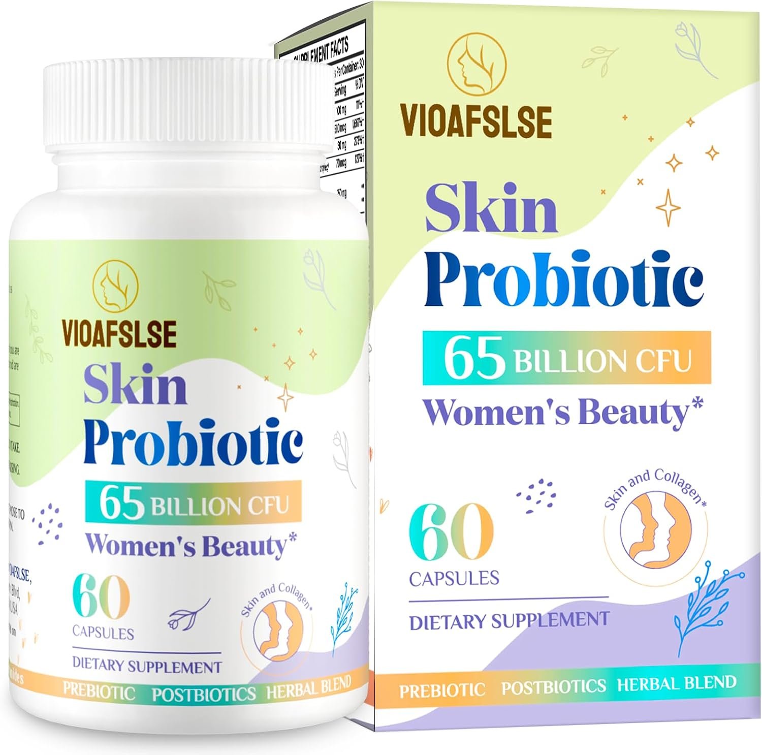 Beauty Probiotics for Women, Collagen Boost with 3-in-1 Complete Prebiotics, Postbiotics Probiotics for Hair, Skin, Nails Vaginal Health - 65 Billion CFU, Ceramides, Resveratrol CoQ10, 60 Caps