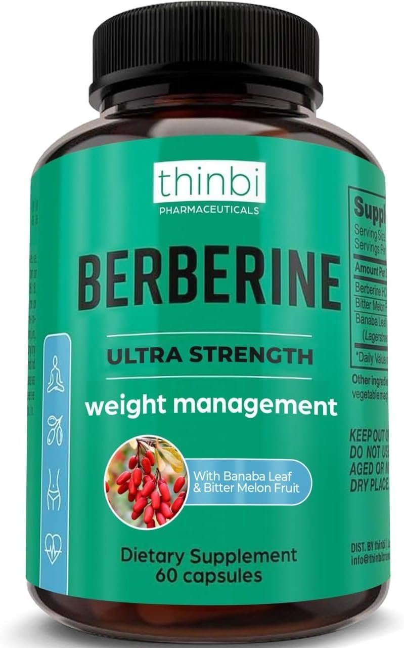 Berberine Supplement 1000mg Potent Botanical Capsules for Weight Management Support with Bitter Melon Fruit and Banaba Leaf Extract - Berberine HCl from Indian Barberry Extract - 30 Servings -Thinbi
