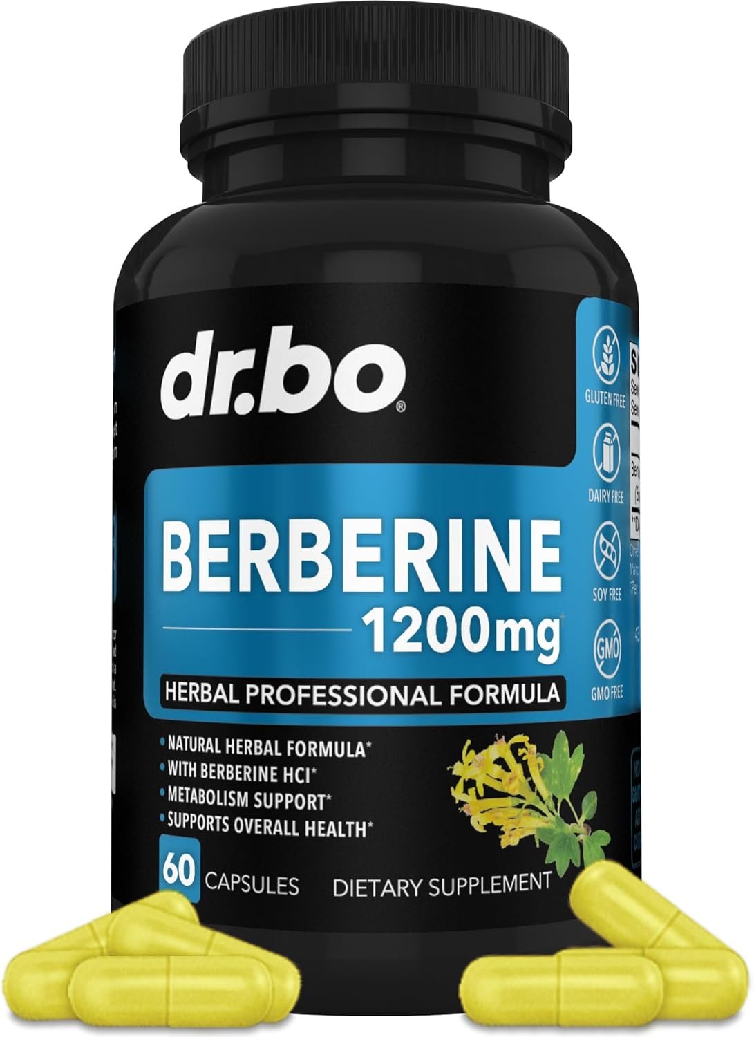 Berberine Supplement Capsules - 1200mg Berberine HCL Supplement for Healthy Metabolic Support - Premium Natural Complex for Women Men, Pure Support Capsules Supplements - 60 Pills