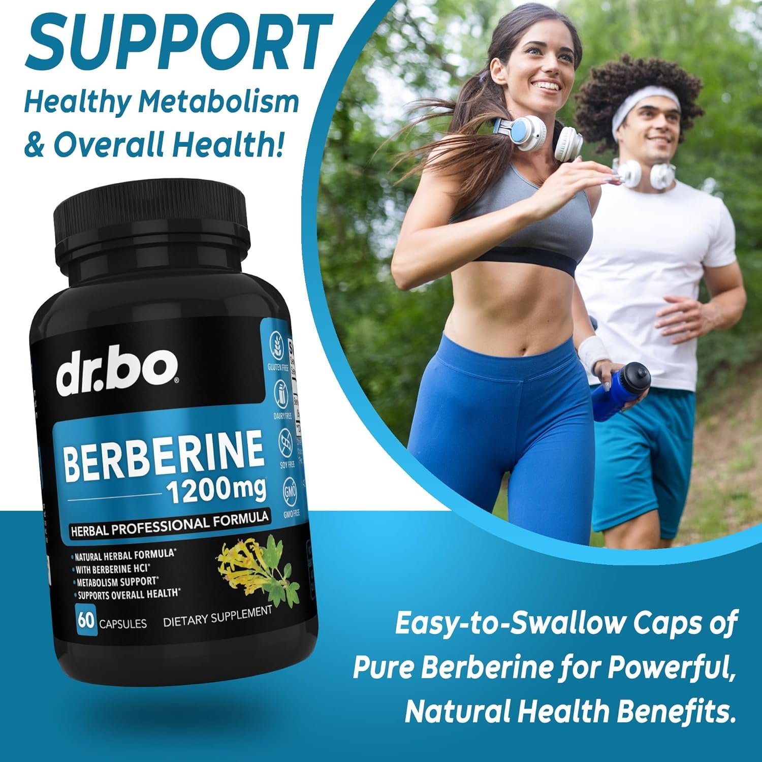 Berberine Supplement Capsules - 1200mg Berberine HCL Supplement for Healthy Metabolic Support - Premium Natural Complex for Women Men, Pure Support Capsules Supplements - 60 Pills