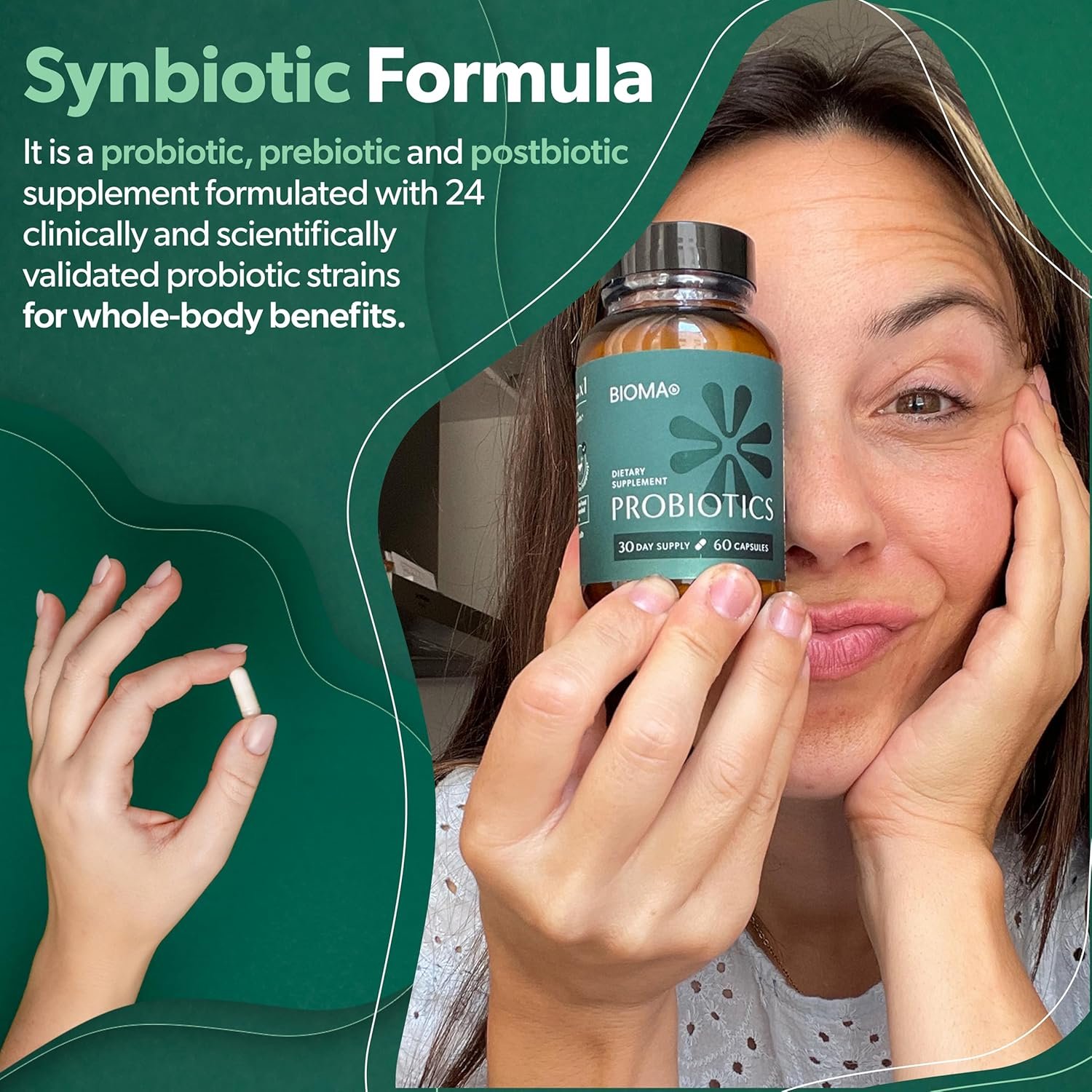BIOMA Probiotics for Weight Management Digestive Health, 3 in 1 Gut Health Probiotics and Prebiotics/Postbiotics, Slow Release Synbiotic Probiotic Capsules for Gut Health Multi Enzyme (60 Caps)
