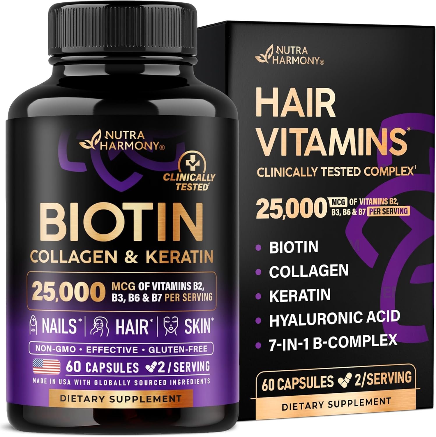 Biotin | Collagen | Keratin - Clinically Tested Supplement - Hair Growth Support, Skin Nails - 25000 mcg Vitamins B2, B3, B6 B7 + B1 Hyaluronic Acid - Made in USA - Women Men | 60 Capsules