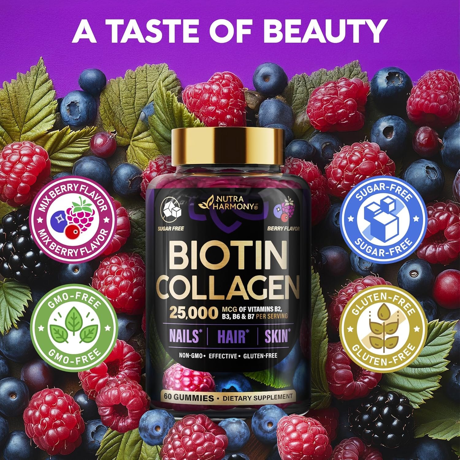 Biotin Gummies with Collagen - Hair Growth Support Skin, Nail Strength - for Women Men - Biotin 10000mcg | Keratin | Hyaluronic Acid | B-Complex | Saw Palmetto - Sugar-Free, Mixed Berry - 60 Gummy