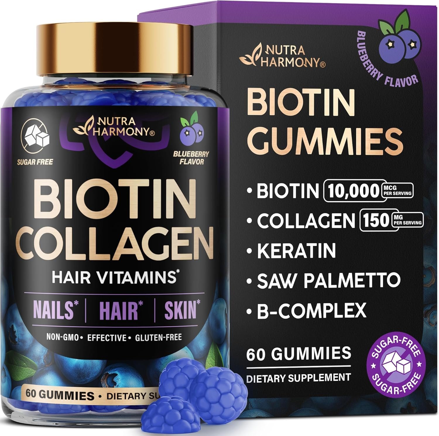 Biotin Gummies with Collagen - Hair Growth Support Skin, Nail Strength - for Women Men - Biotin 10000mcg | Keratin | Hyaluronic Acid | B-Complex | Saw Palmetto - Sugar-Free, Mixed Berry - 60 Gummy
