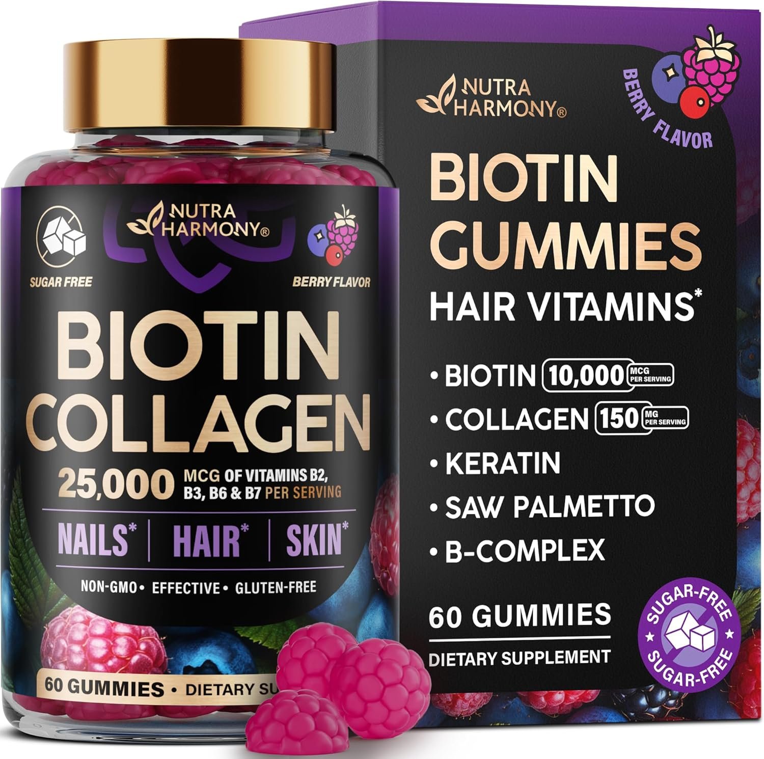 Biotin Gummies with Collagen - Hair Growth Support Skin, Nail Strength - for Women Men - Biotin 10000mcg | Keratin | Hyaluronic Acid | B-Complex | Saw Palmetto - Sugar-Free, Mixed Berry - 60 Gummy