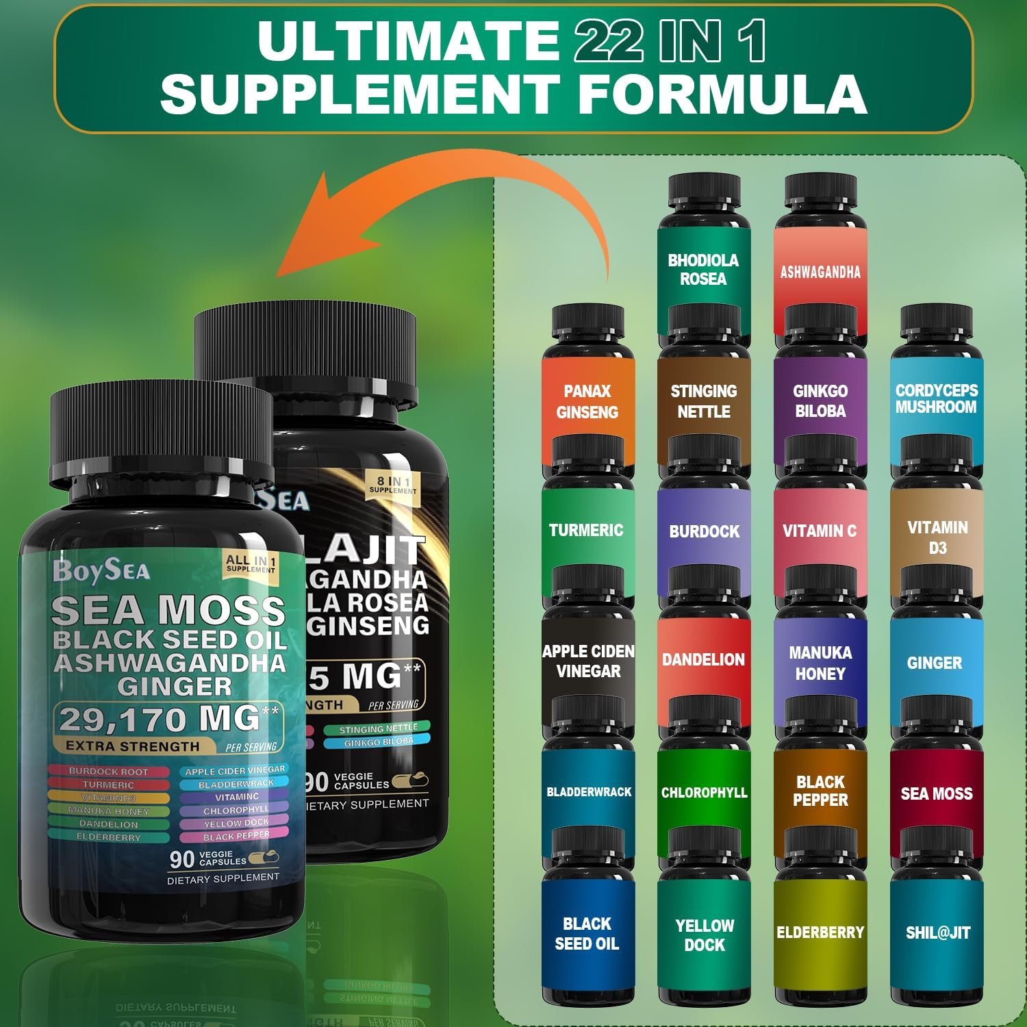 Boysea.Shilajit and Sea Moss Bundle- 90 Count - Sea Moss 7000mg, Black Seed Oil 4000mg, Ashwagandha 2000mg, Ginger Shilajit 9000mg, Rhodiola Rosea 1000mg, All in 1 Supplements (1 Pack)