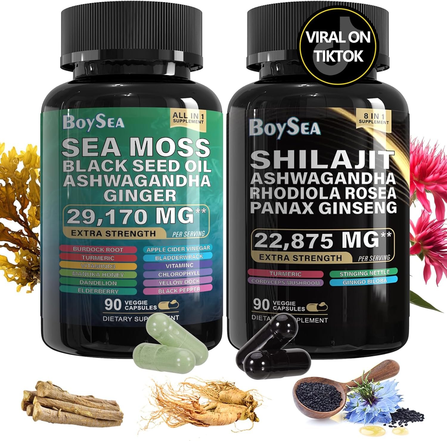 Boysea.Shilajit and Sea Moss Bundle- 90 Count - Sea Moss 7000mg, Black Seed Oil 4000mg, Ashwagandha 2000mg, Ginger Shilajit 9000mg, Rhodiola Rosea 1000mg, All in 1 Supplements (1 Pack)