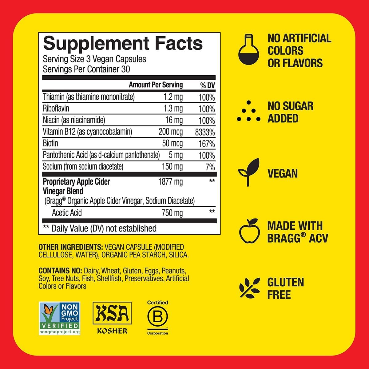 Bragg Energy Apple Cider Vinegar Capsules with B Vitamins - 90 Capsules - Helps Generate Energy at Cellular Level