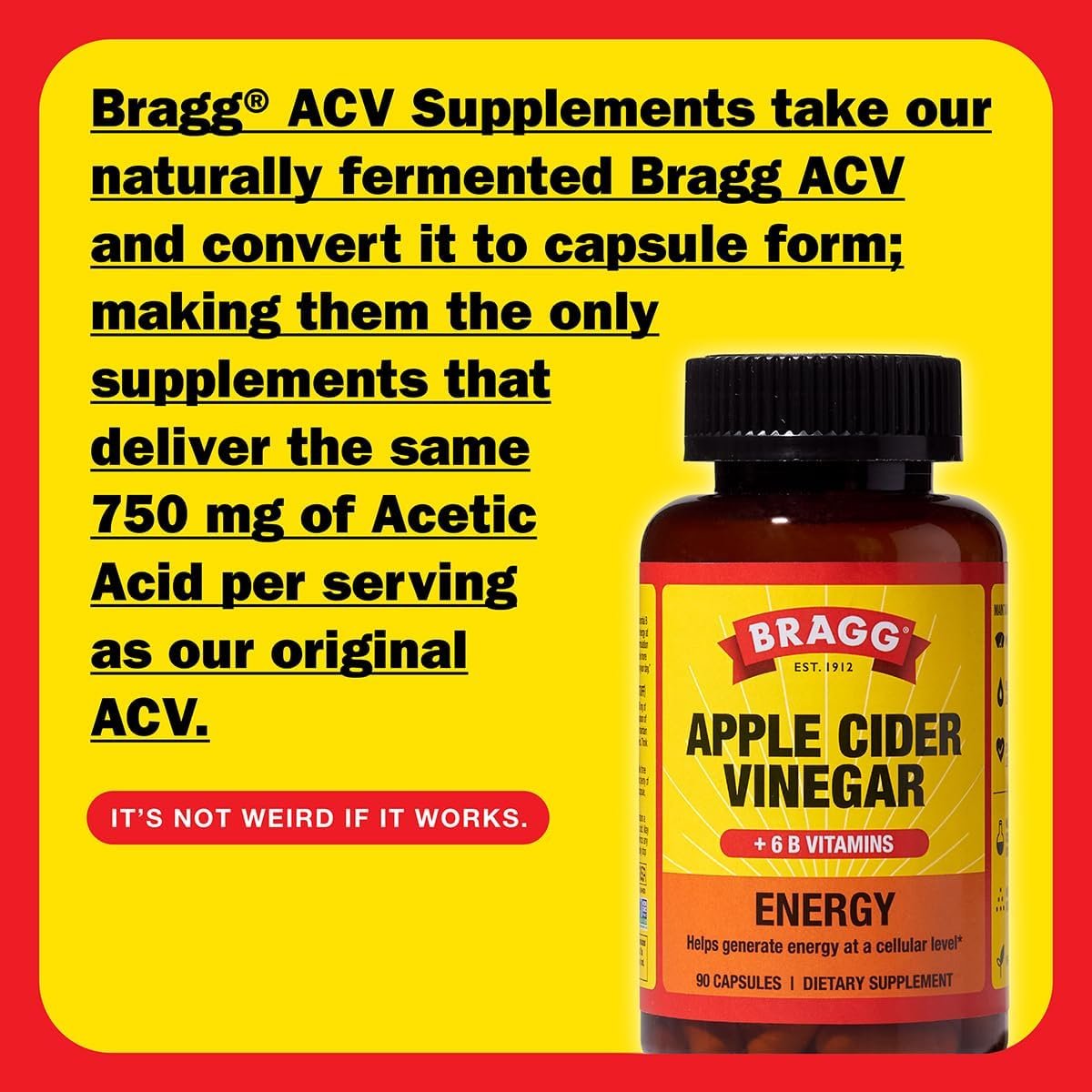 Bragg Energy Apple Cider Vinegar Capsules with B Vitamins - 90 Capsules - Helps Generate Energy at Cellular Level