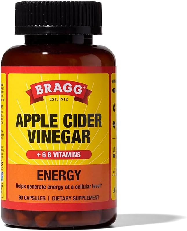 Bragg Energy Apple Cider Vinegar Capsules with B Vitamins - 90 Capsules - Helps Generate Energy at Cellular Level