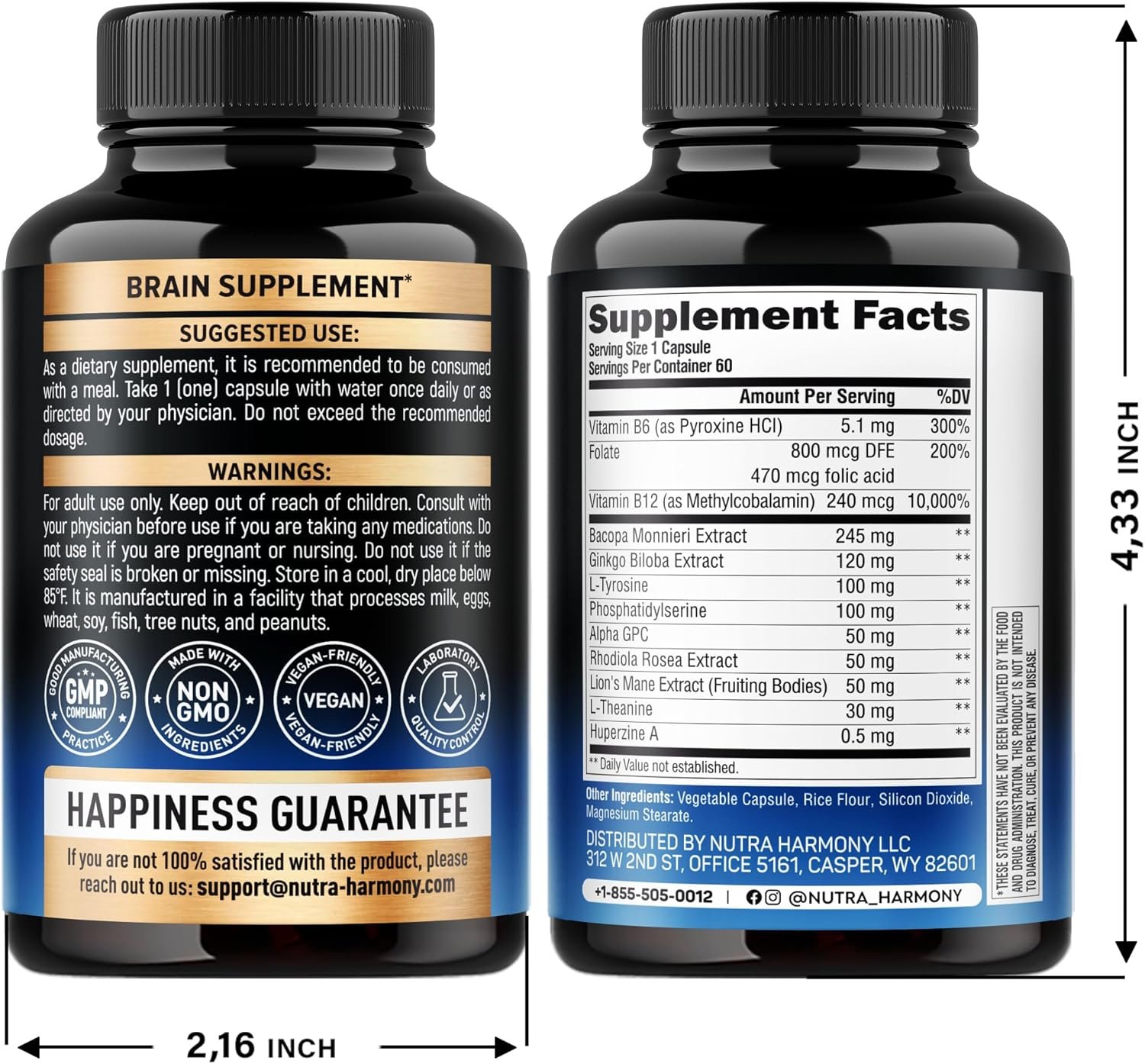 Brain Supplement for Memory Focus 750 mg - Magnesium | L-Theanine | Bacopa Monnieri | Ginkgo Biloba | Lions Mane - 12in1 Nootropic Complex for Neuro Health - Caffeine-free - Made in USA, 60 Capsules