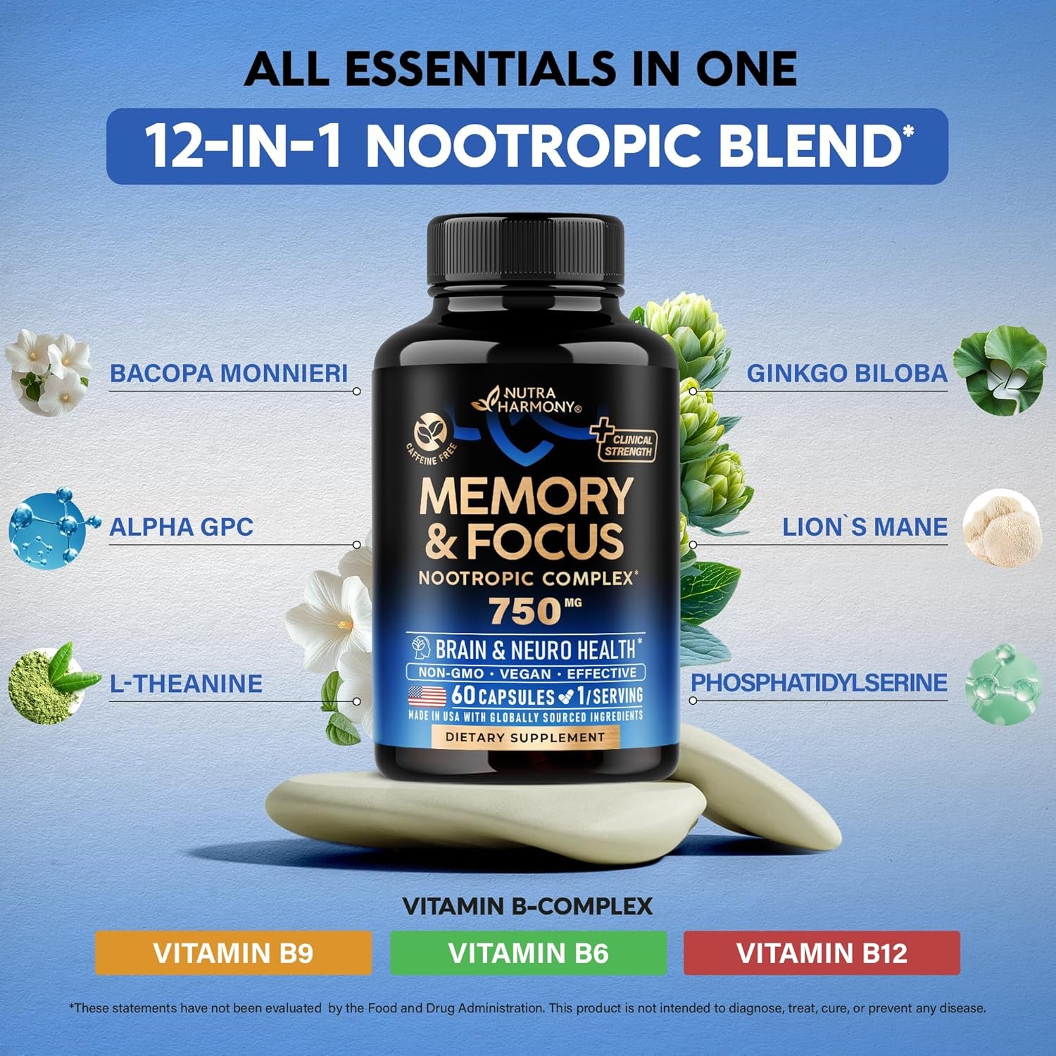 Brain Supplement for Memory Focus 750 mg - Magnesium | L-Theanine | Bacopa Monnieri | Ginkgo Biloba | Lions Mane - 12in1 Nootropic Complex for Neuro Health - Caffeine-free - Made in USA, 60 Capsules