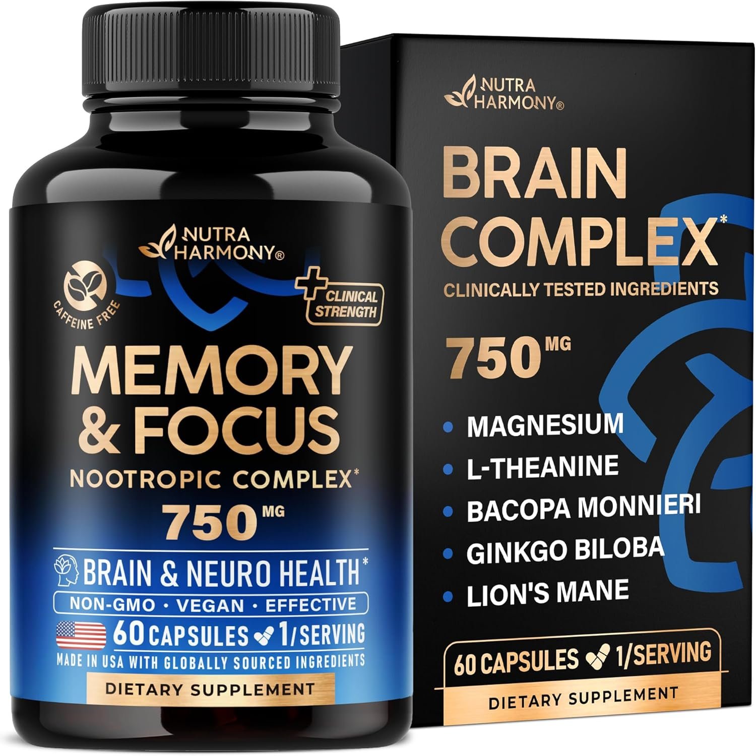 Brain Supplement for Memory Focus 750 mg - Magnesium | L-Theanine | Bacopa Monnieri | Ginkgo Biloba | Lions Mane - 12in1 Nootropic Complex for Neuro Health - Caffeine-free - Made in USA, 60 Capsules