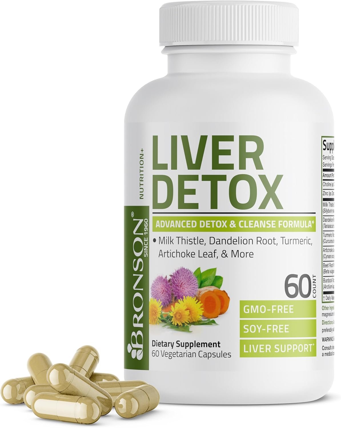 Bronson Liver Detox Advanced Detox Cleansing Formula Supports Health Liver Function with Milk Thistle, Dandelion Root, Turmeric, Artichoke Leaf More, Non-GMO, 60 Vegetarian Capsules