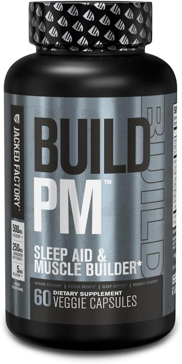 Build PM Night Time Muscle Builder Sleep Aid - Post Workout Recovery Sleep Support Supplement w/VitaCherry Tart Cherry, Ashwagandha, Melatonin - 60 Natural Veggie Pills