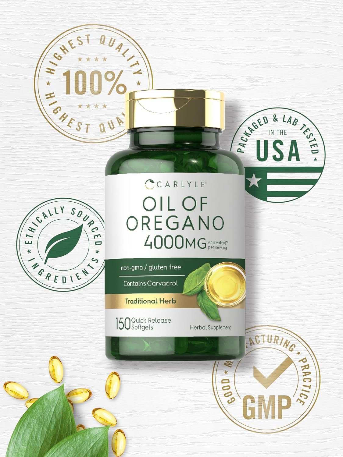 Carlyle Oregano Oil 4000mg Supplement | 150 Softgel Capsules | Contains Carvacrol | Non-GMO Gluten Free Formula