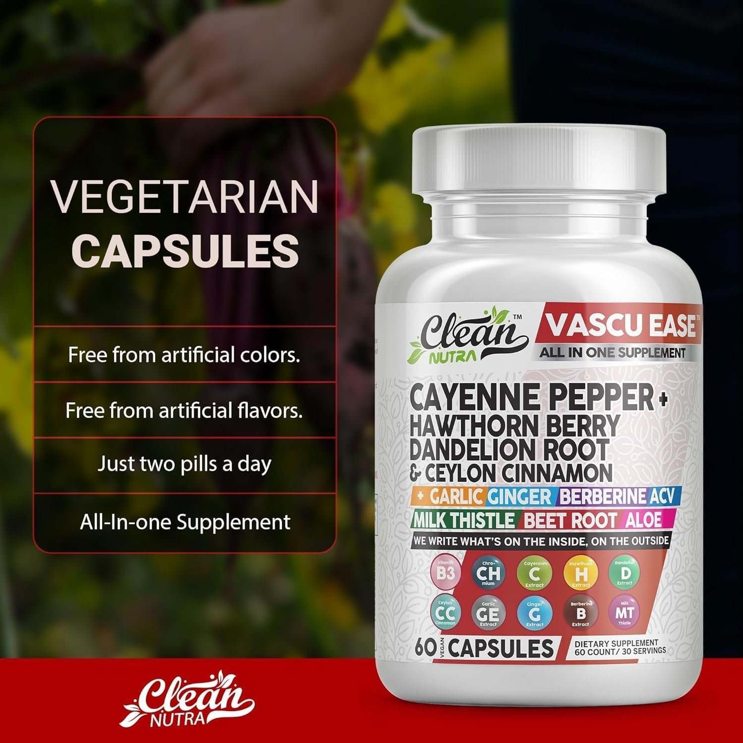Clean Nutra Cayenne Pepper Capsules Supplement with Hawthorn Berry, Dandelion Root, Ceylon Cinnamon, Garlic, Ginger, Berberine, Apple Cider Vinegar, Milk Thistle, Beet Root, Aloe Vera Pills More