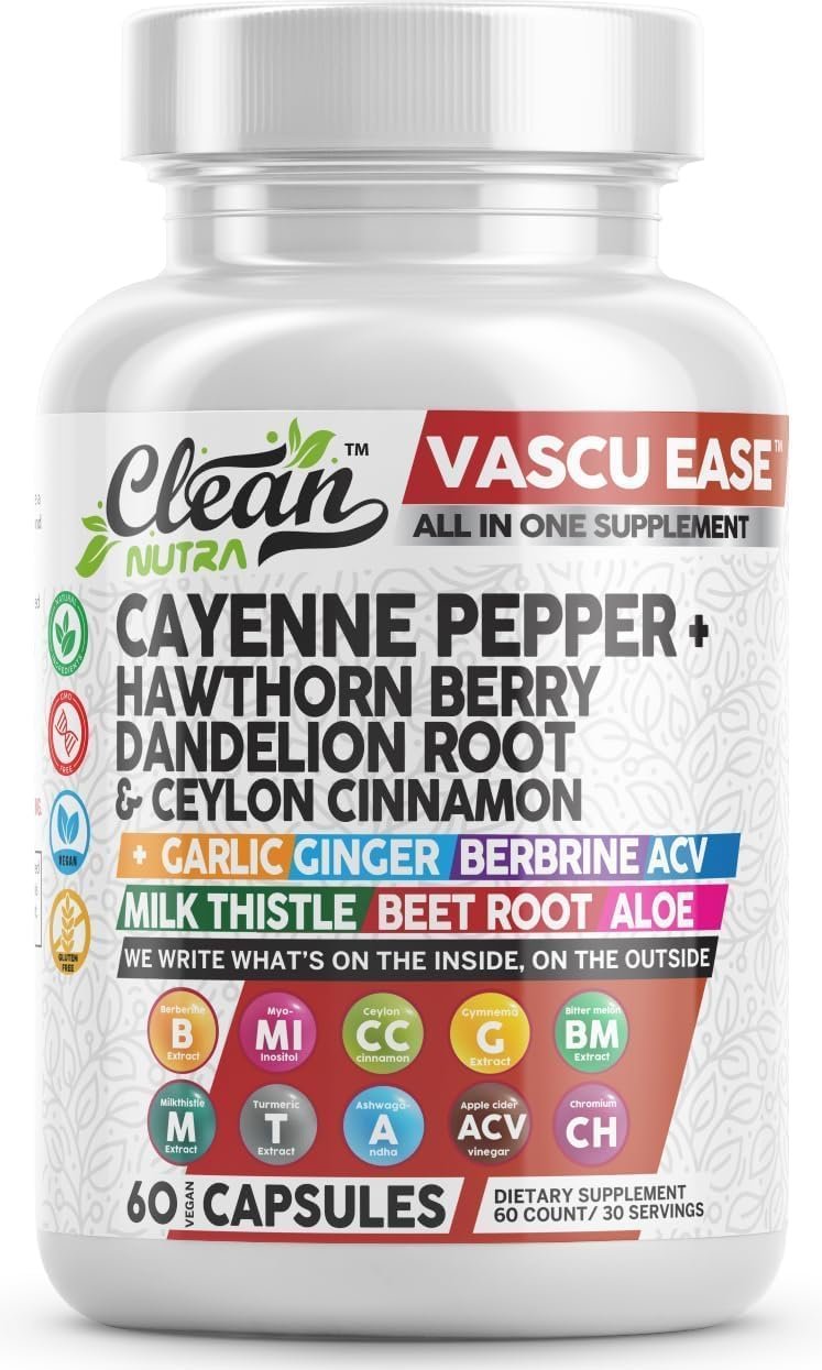 Clean Nutra Cayenne Pepper Capsules Supplement with Hawthorn Berry, Dandelion Root, Ceylon Cinnamon, Garlic, Ginger, Berberine, Apple Cider Vinegar, Milk Thistle, Beet Root, Aloe Vera Pills More