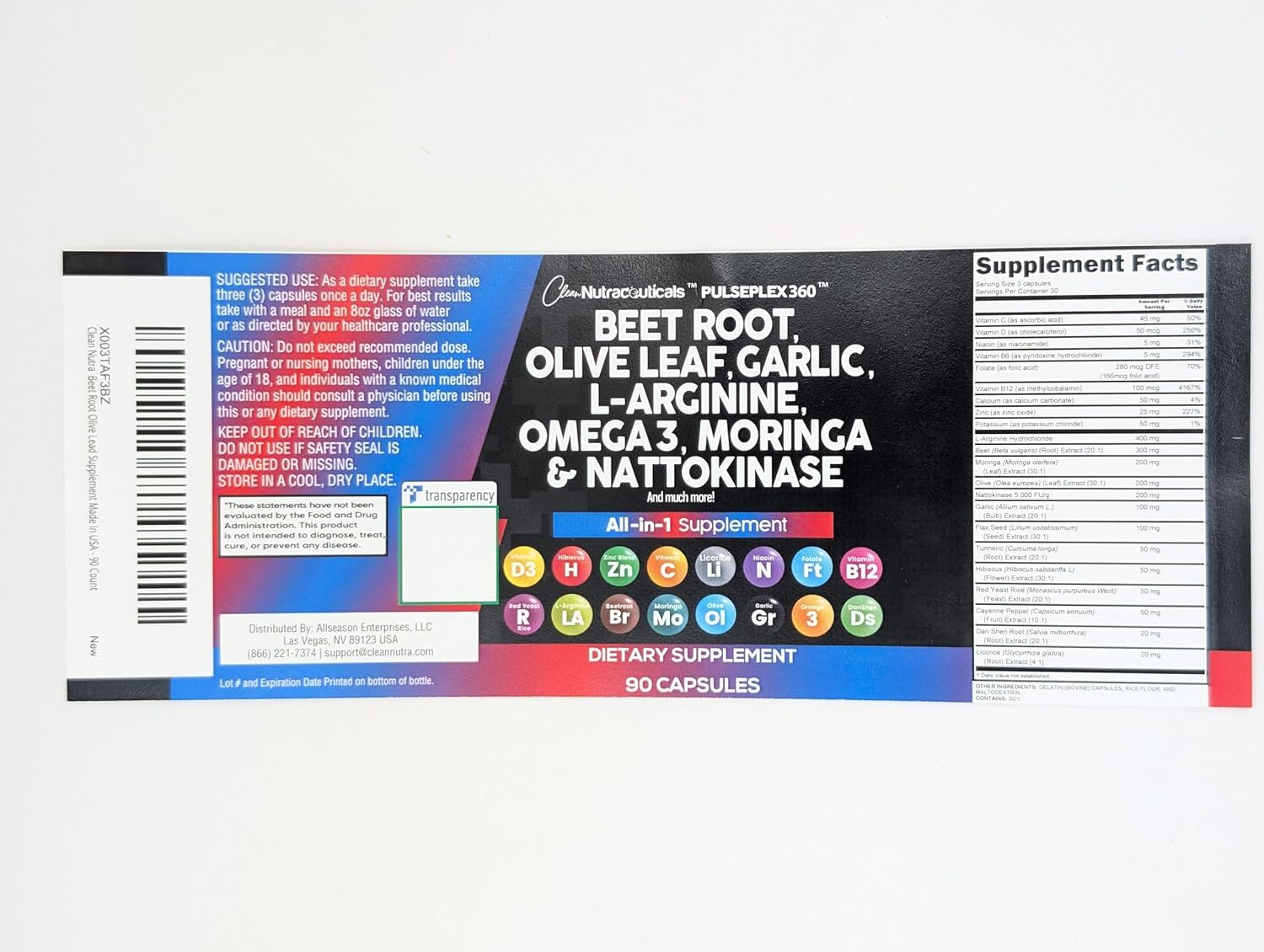 Clean Nutraceuticals Beet Root Capsules Olive Leaf Nattokinase Garlic Extract L-Arginine Omega 3 Red Yeast Rice Hibiscus Danshen - Healthy Support Supplement - 90 Ct