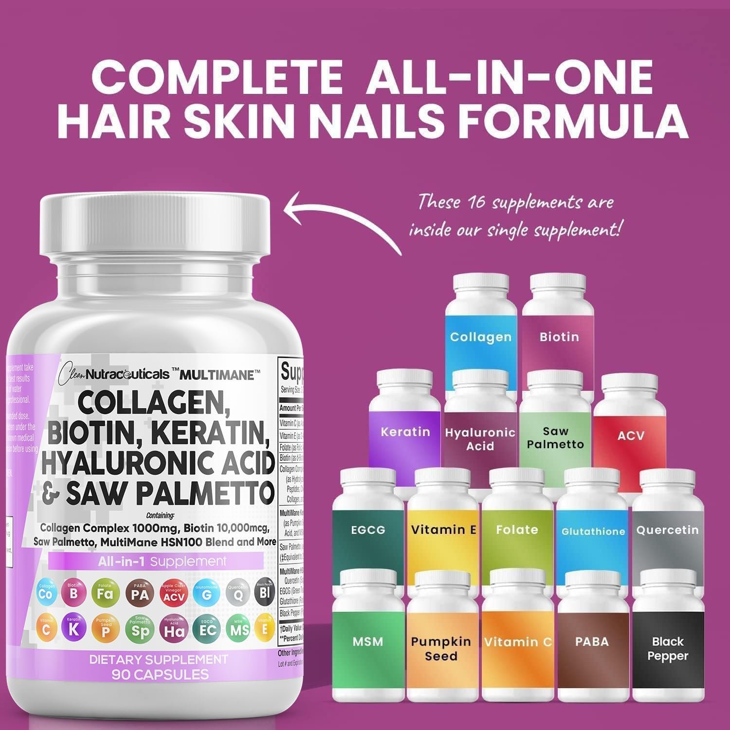 Clean Nutraceuticals Collagen Pills 1000mg Biotin 10000mcg Keratin Saw Palmetto Hyaluronic Acid - Hair Skin Nails Vitamins DHT Blocker with Vitamin E Folic Acid Pumpkin Seed MSM - 90 Count