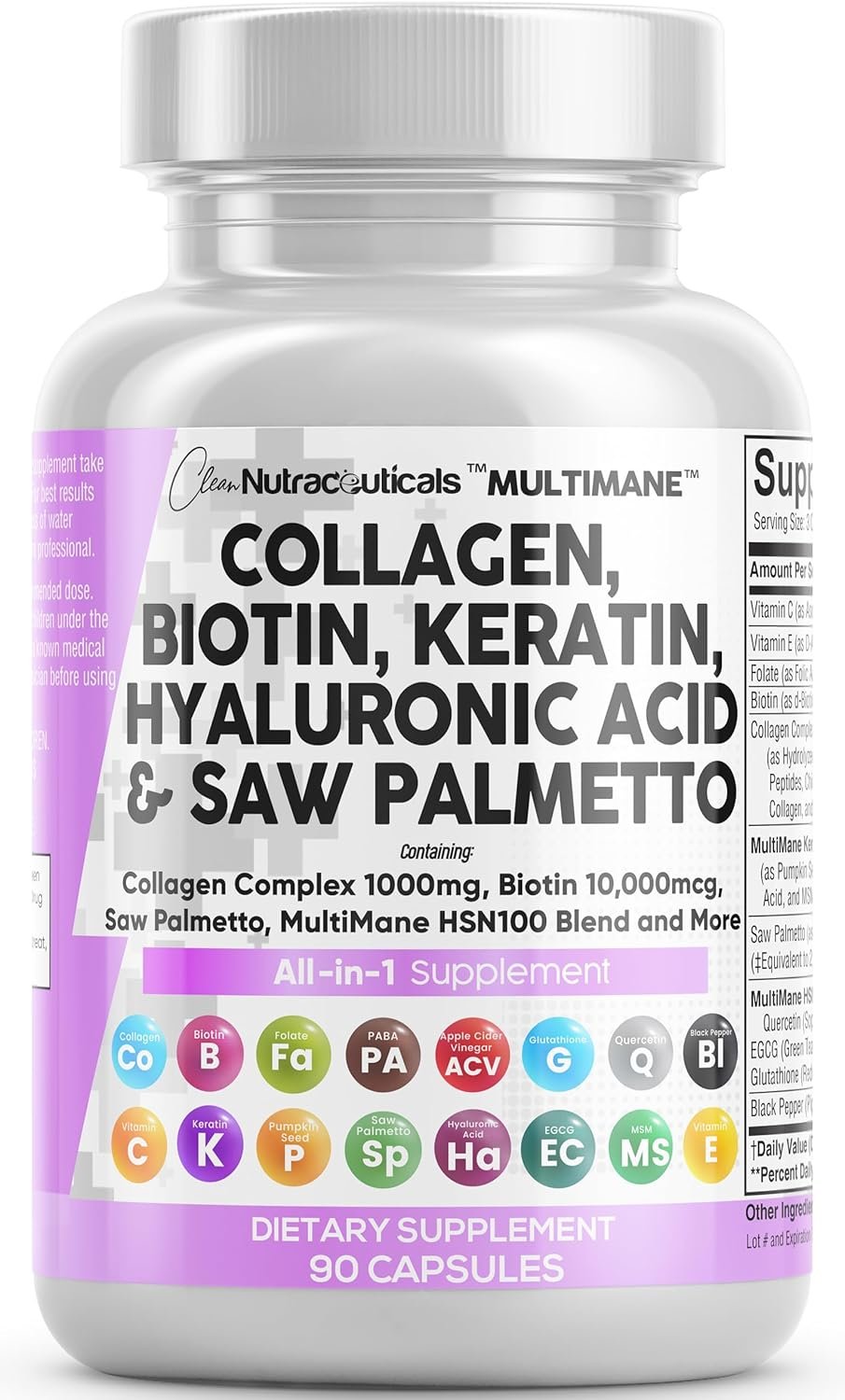 Clean Nutraceuticals Collagen Pills 1000mg Biotin 10000mcg Keratin Saw Palmetto Hyaluronic Acid - Hair Skin Nails Vitamins DHT Blocker with Vitamin E Folic Acid Pumpkin Seed MSM - 90 Count