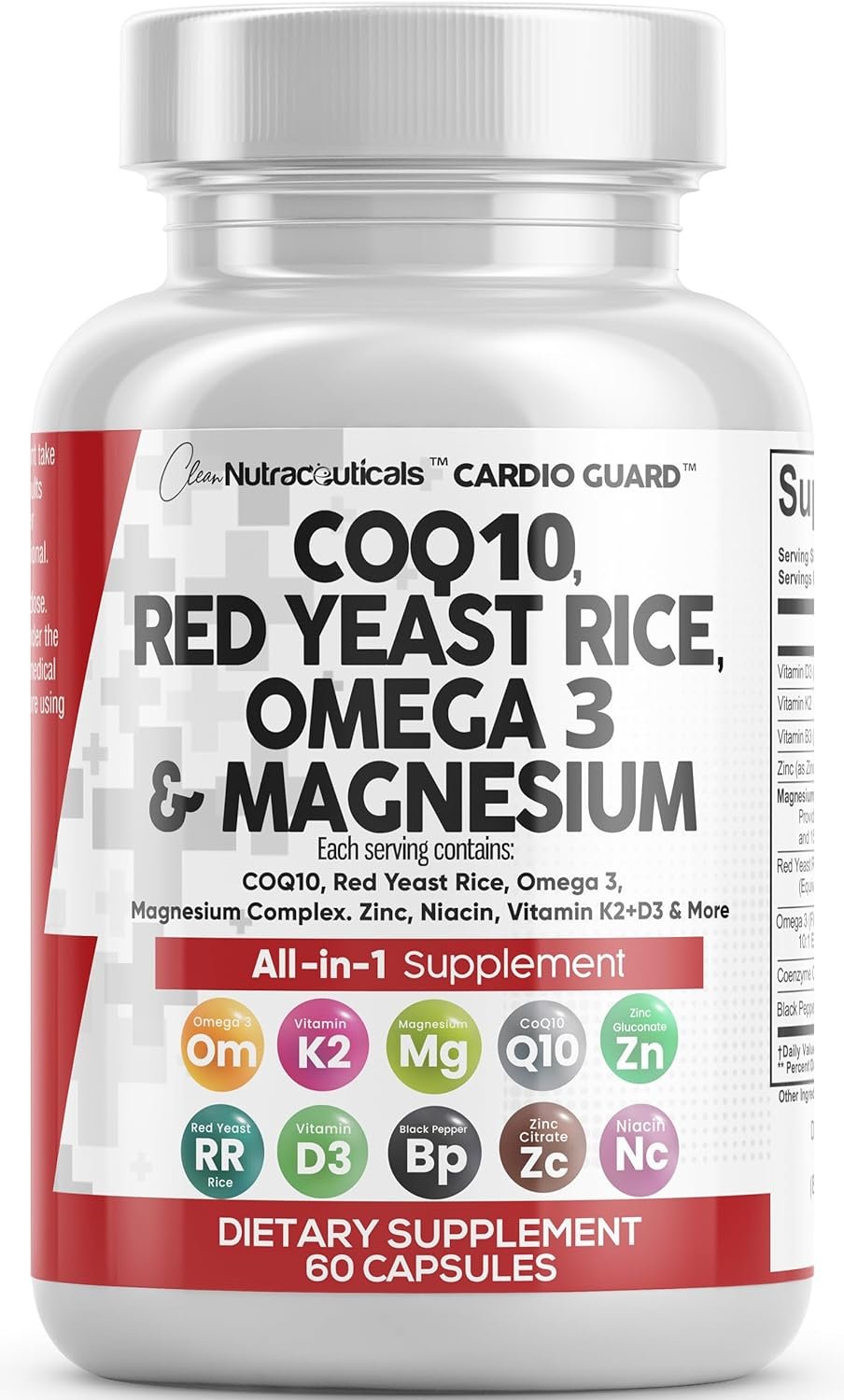 Clean Nutraceuticals COQ10 200mg Red Yeast Rice Omega 3 Magnesium Complex 500mg Niacin Zinc Vitamin K2 D3 - Heart Support Vitamins for Women Men w/Vitamin B3, Coenzyme Q10-60 Ct