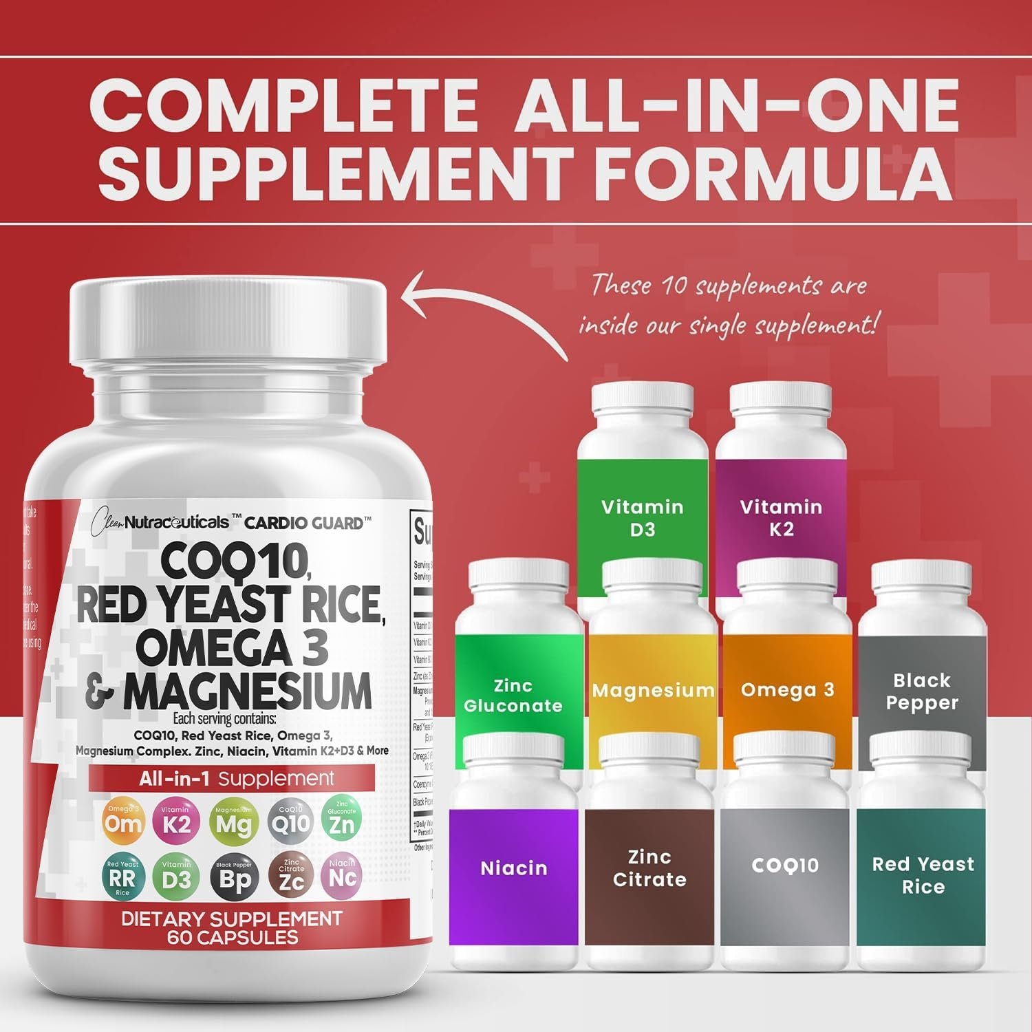 Clean Nutraceuticals COQ10 200mg Red Yeast Rice Omega 3 Magnesium Complex 500mg Niacin Zinc Vitamin K2 D3 - Heart Support Vitamins for Women Men w/Vitamin B3, Coenzyme Q10-60 Ct