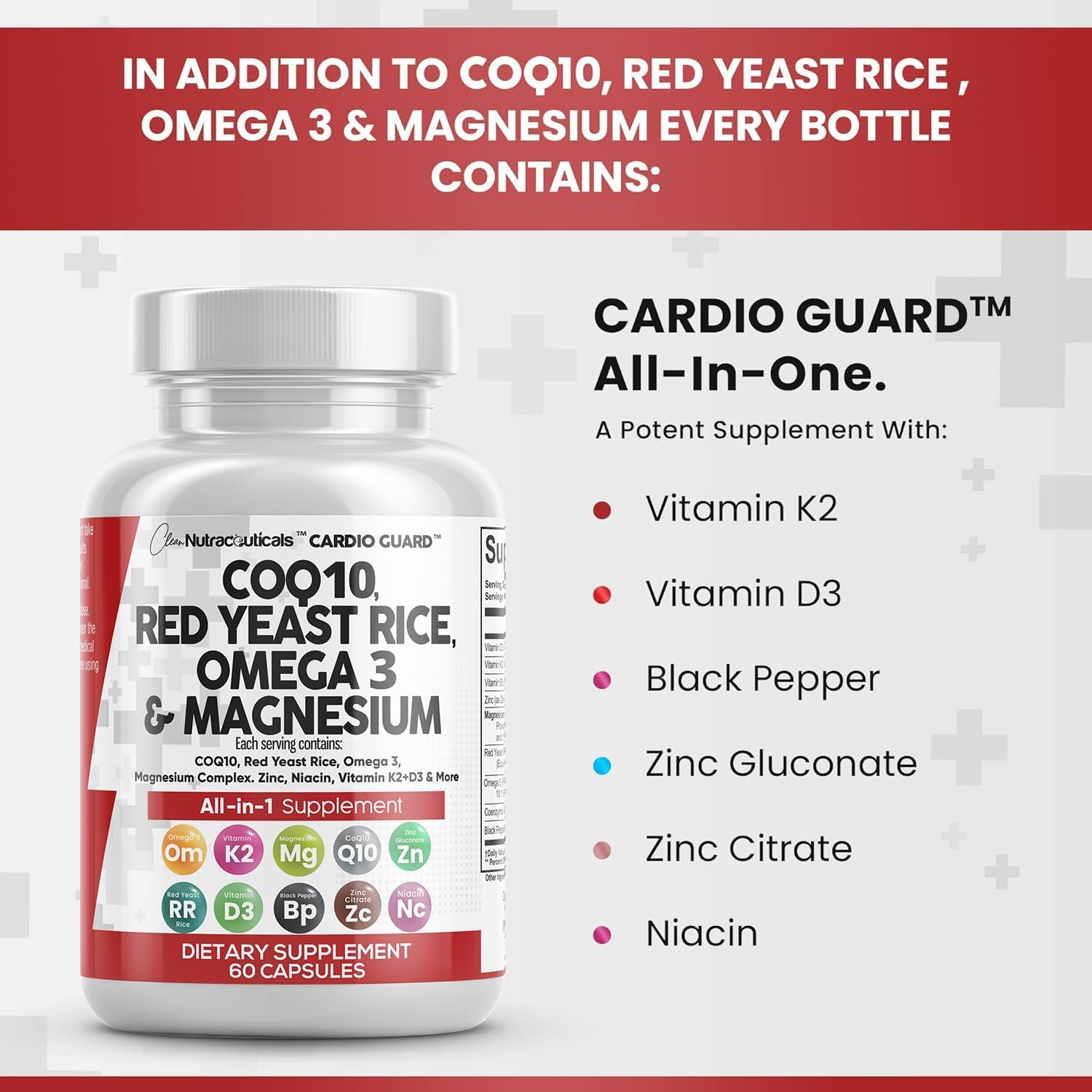 Clean Nutraceuticals COQ10 200mg Red Yeast Rice Omega 3 Magnesium Complex 500mg Niacin Zinc Vitamin K2 D3 - Heart Support Vitamins for Women Men w/Vitamin B3, Coenzyme Q10-60 Ct