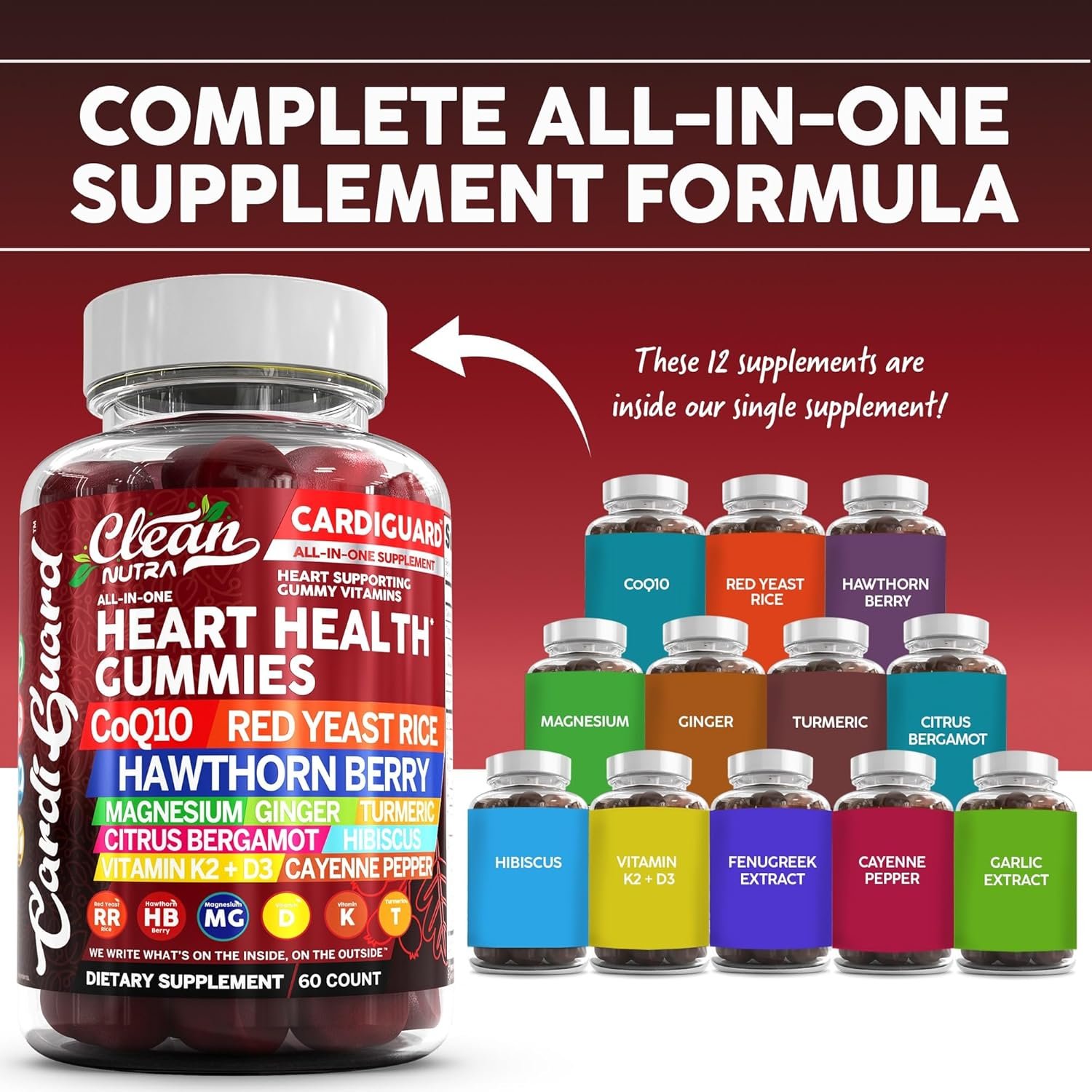 Clean Nutraceuticals Coq10 Gummies | Red Yeast Rice Hawthorn Berry Ginger Turmeric Citrus Bergamot Hibiscus Vitamin K2+D3 Magnesium Glycinate Cayenne Pepper Fenugreek Orange Flavor CardiGuard