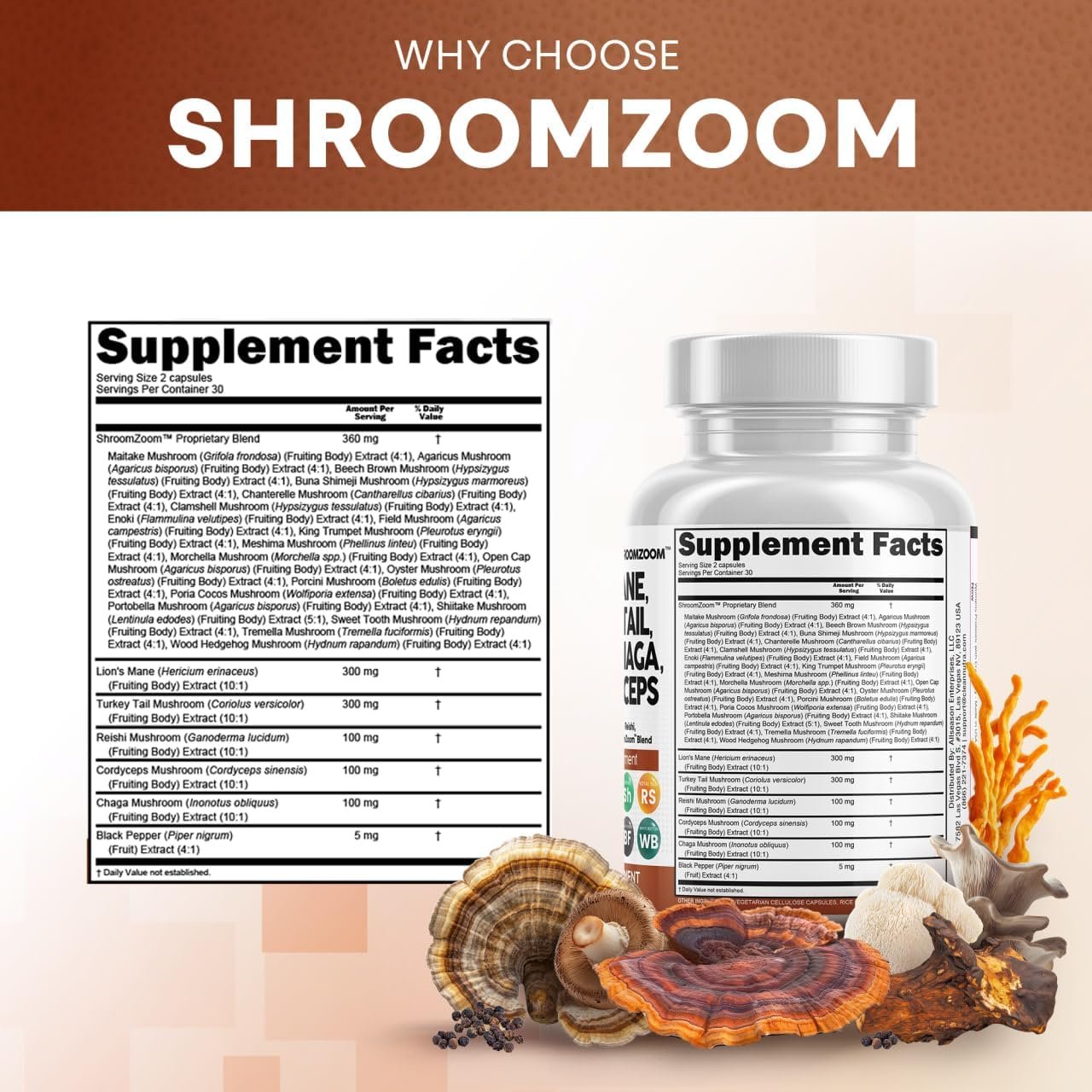 Clean Nutraceuticals Lions Mane 20in1 Mushroom Supplement with Turkey Tail Reishi Cordyceps Chaga Maitake Meshima Poria Cocos Shiitake Oyster Porcini Enoki - Pack