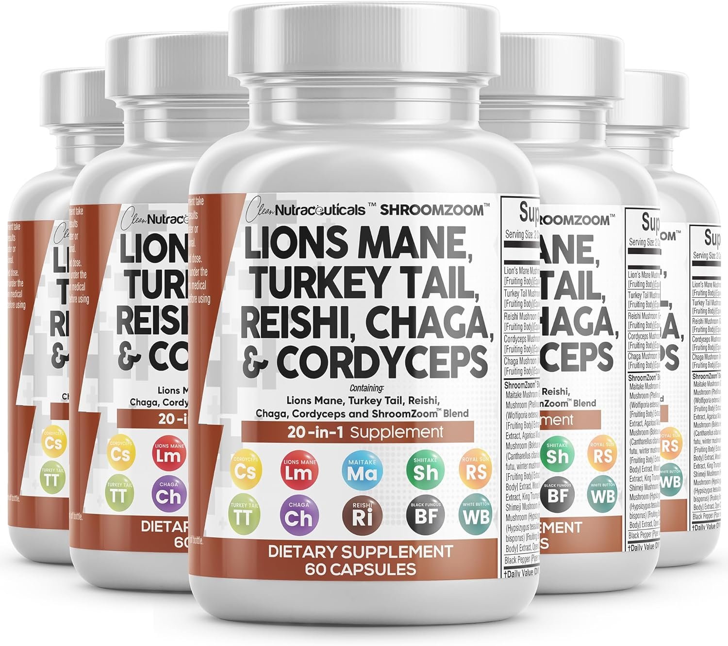 Clean Nutraceuticals Lions Mane 20in1 Mushroom Supplement with Turkey Tail Reishi Cordyceps Chaga Maitake Meshima Poria Cocos Shiitake Oyster Porcini Enoki - Pack