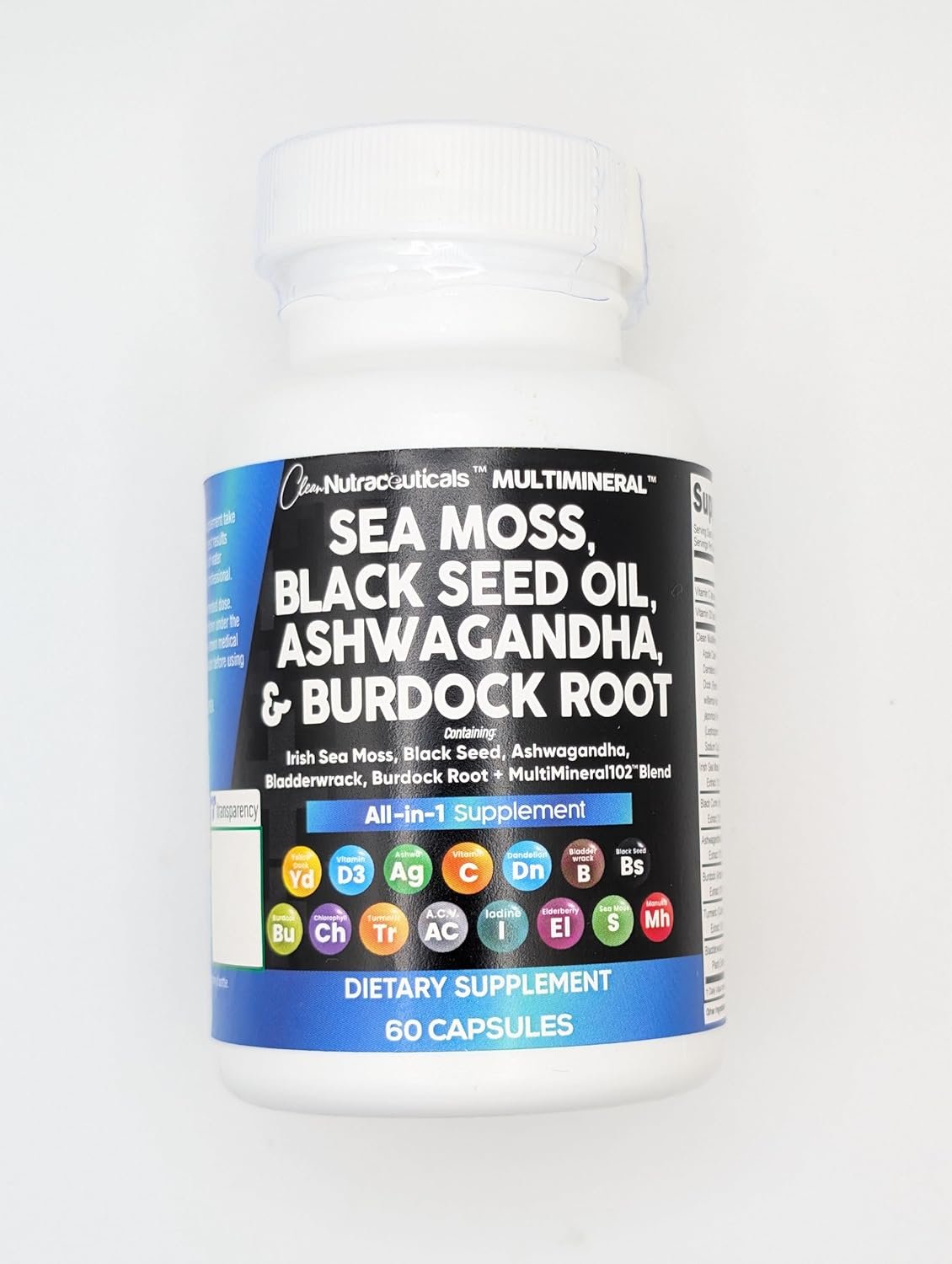 Clean Nutraceuticals Sea Moss Black Seed Oil Ashwagandha Turmeric Bladderwrack Burdock Vitamin C Vitamin D3 with Elderberry Manuka Dandelion Yellow Dock Iodine Chlorophyll ACV