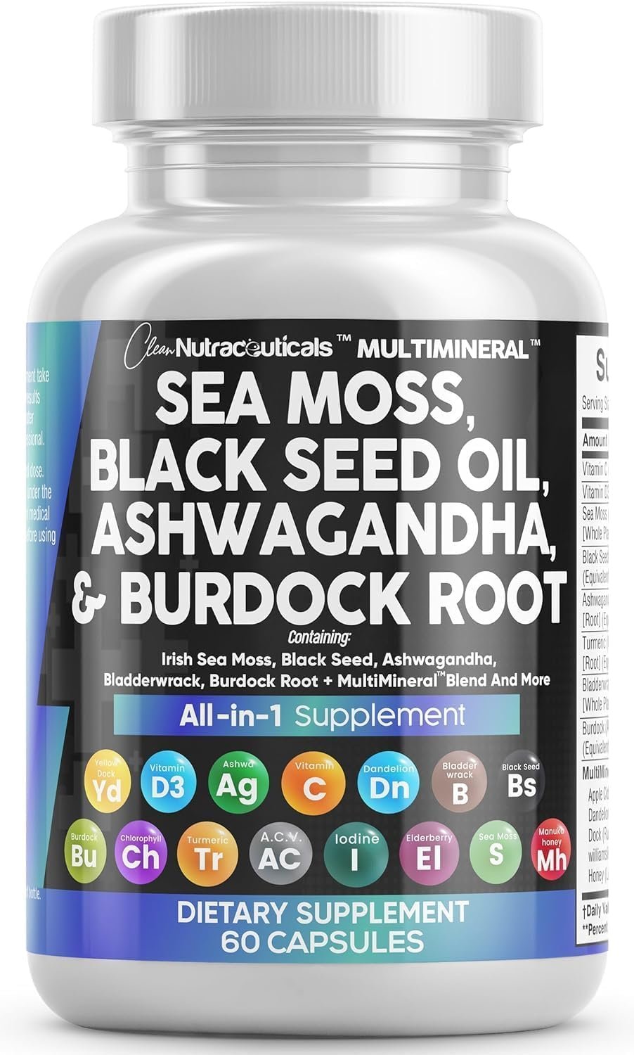 Clean Nutraceuticals Sea Moss Black Seed Oil Ashwagandha Turmeric Bladderwrack Burdock Vitamin C Vitamin D3 with Elderberry Manuka Dandelion Yellow Dock Iodine Chlorophyll ACV