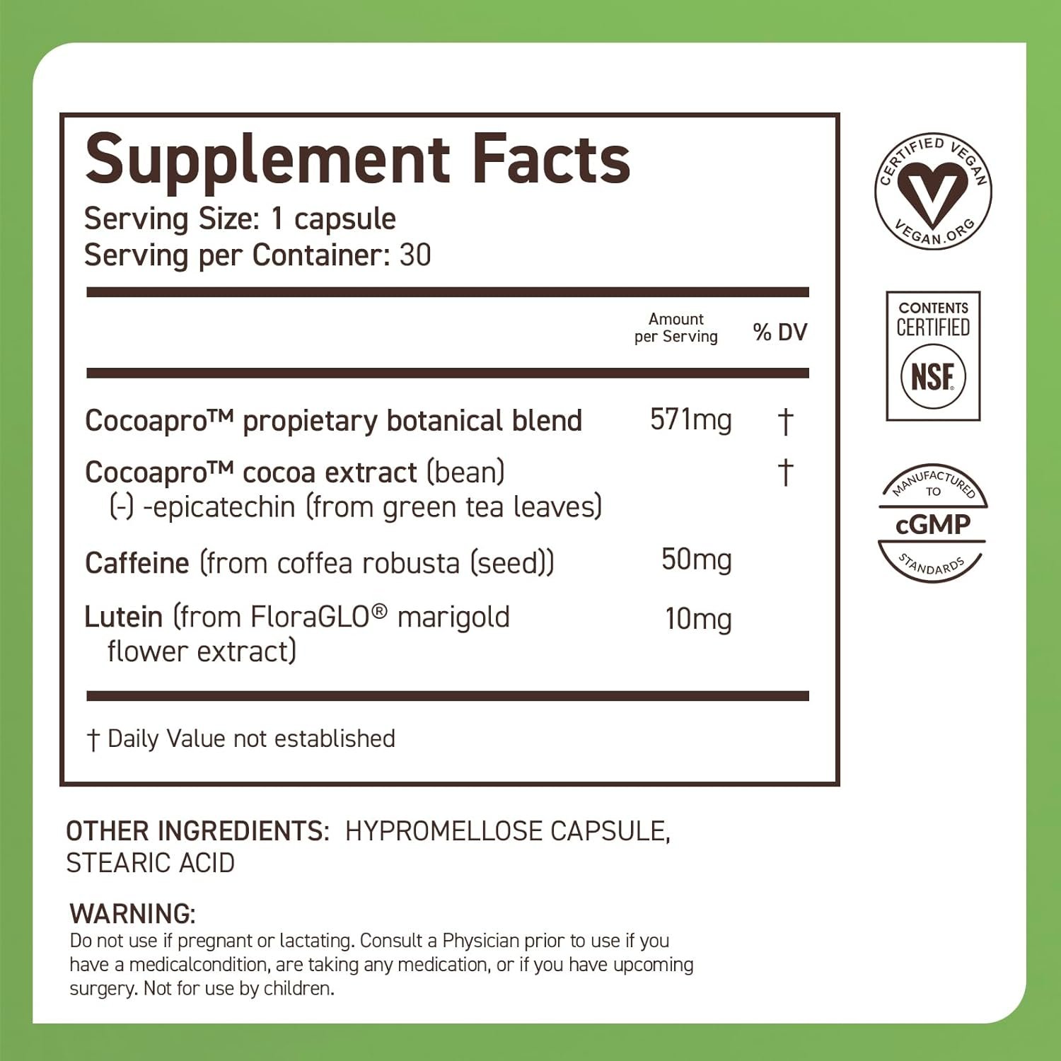 CocoaVia Memory Focus Brain Supplement, 30 Day, Cocoa Flavanol Blend, Lutein, Added Caffeine for Boost. Improve Cognitive Function, Attention, Vegan Plant Based, 30 Capsules