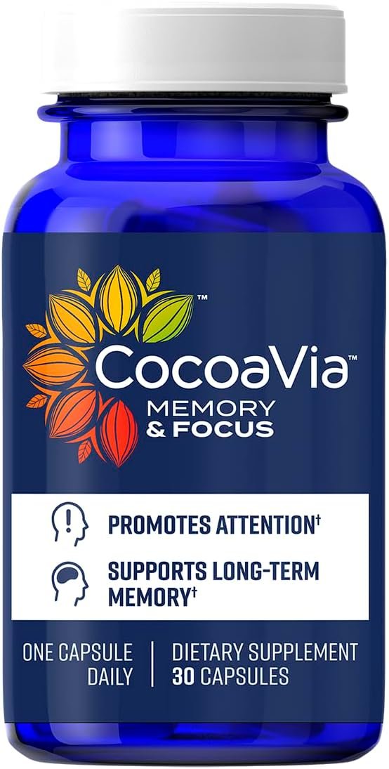 CocoaVia Memory Focus Brain Supplement, 30 Day, Cocoa Flavanol Blend, Lutein, Added Caffeine for Boost. Improve Cognitive Function, Attention, Vegan Plant Based, 30 Capsules