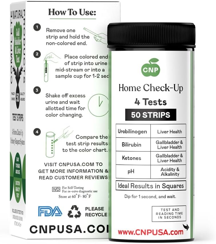 Complete Natural Products Gallbladder Liver Urinalysis Kit, 50 Count Strips, Urobilinogen, Bilirubin, Ketones, pH