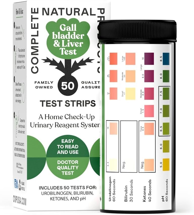 Complete Natural Products Gallbladder Liver Urinalysis Kit, 50 Count Strips, Urobilinogen, Bilirubin, Ketones, pH