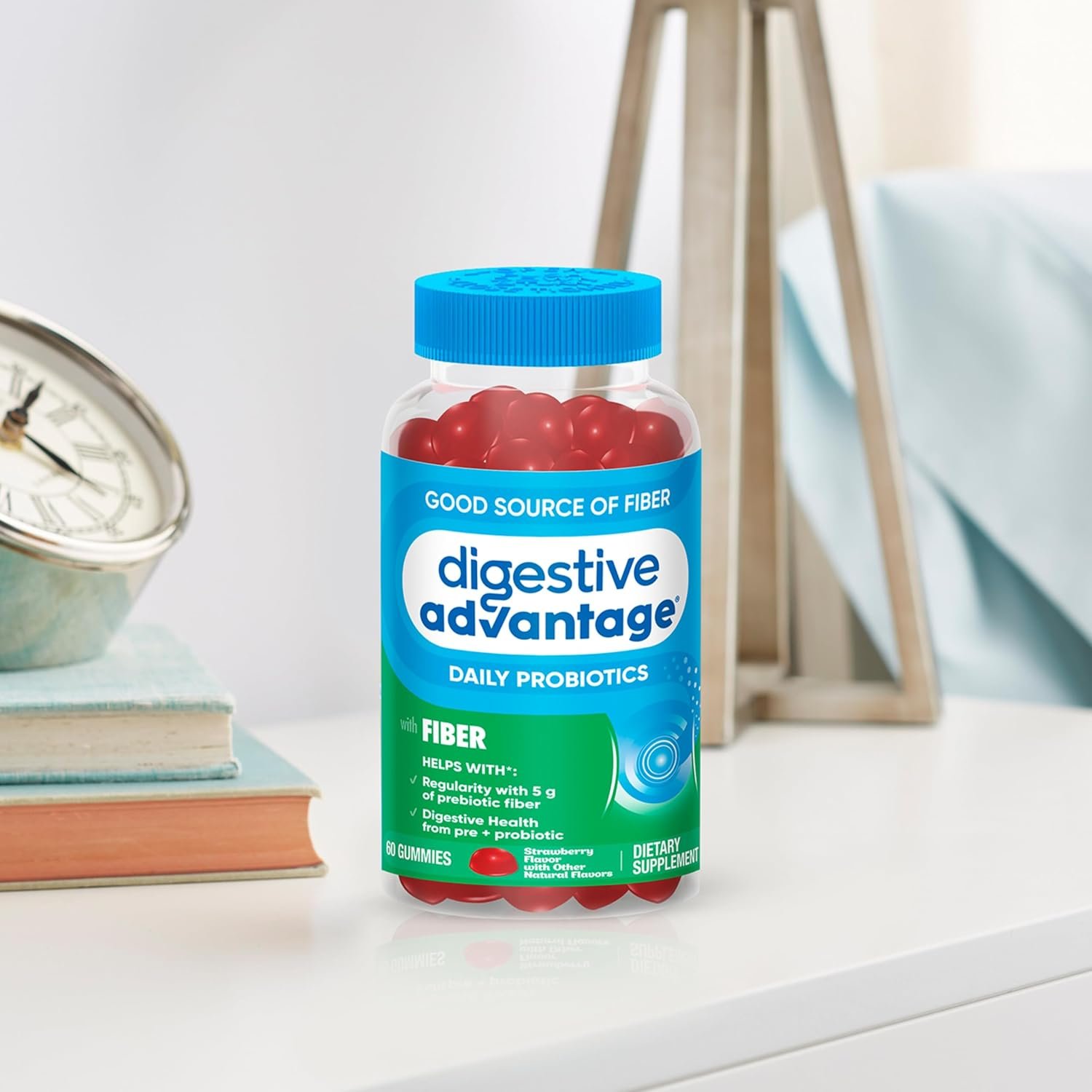 Digestive Advantage Prebiotic Fiber Supplement with Probiotics for Women Men Digestive Health, Fiber Gummies for Adults Regularity and Gut Health, 60ct Strawberry Flavor