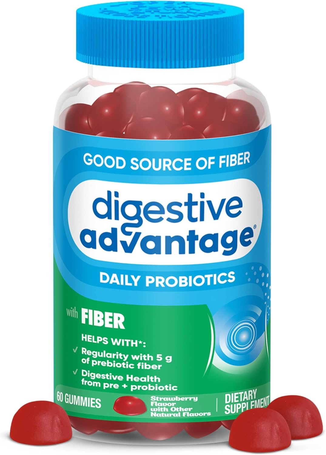 Digestive Advantage Prebiotic Fiber Supplement with Probiotics for Women Men Digestive Health, Fiber Gummies for Adults Regularity and Gut Health, 60ct Strawberry Flavor